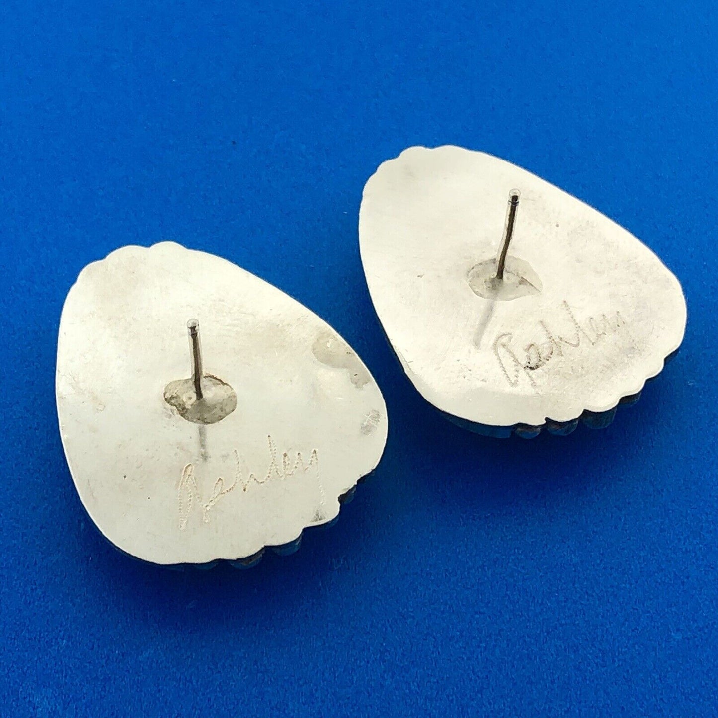Native American Signed 925 Sterling Silver Turquoise Statement Stud Earrings