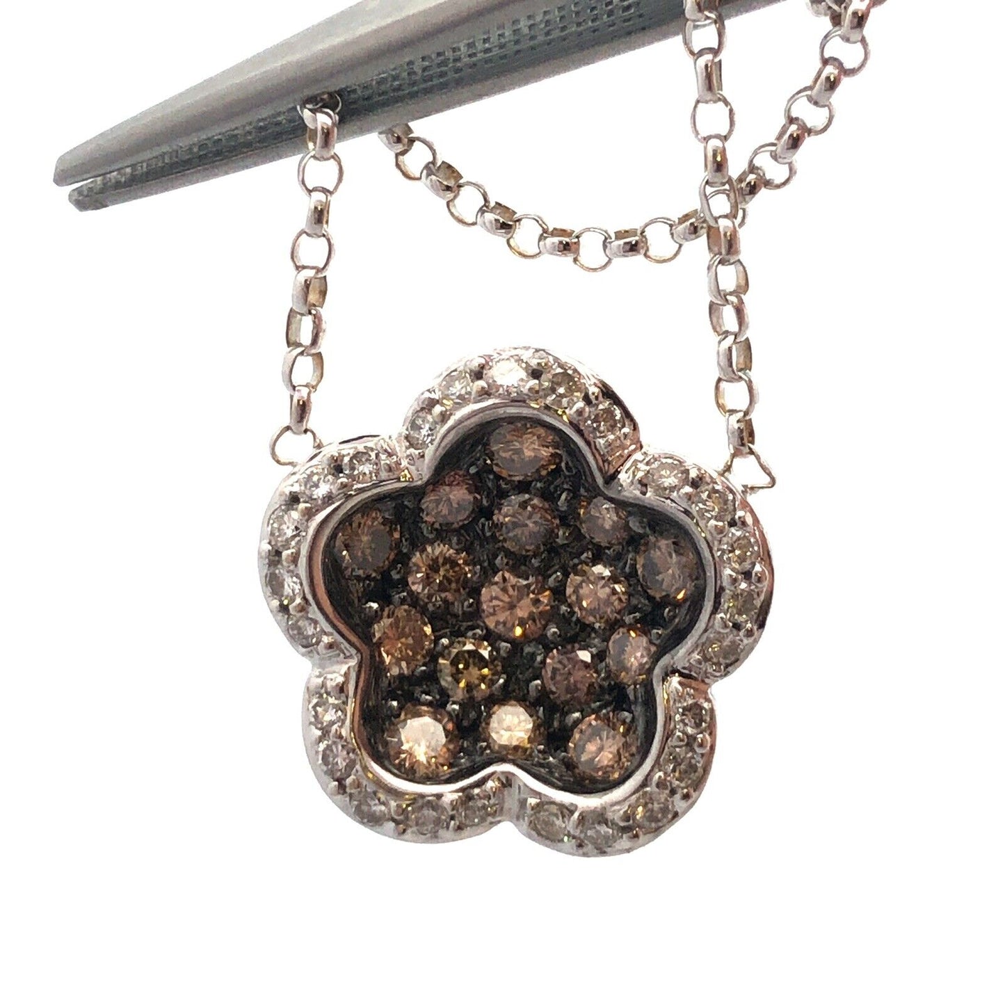 Designer 18K White Gold Champagne & White Diamond Flower Cluster Necklace