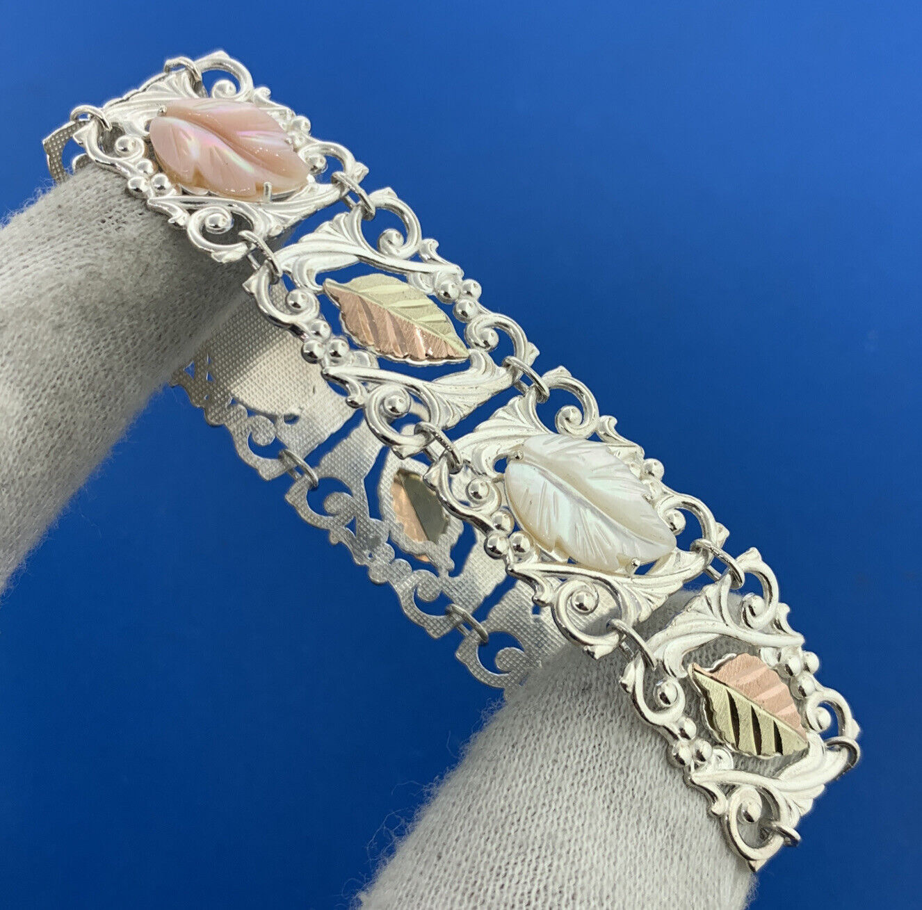 925 Sterling Silver 12K Yellow Rose Gold Mother Of Pearl Leaf Panel Bracelet