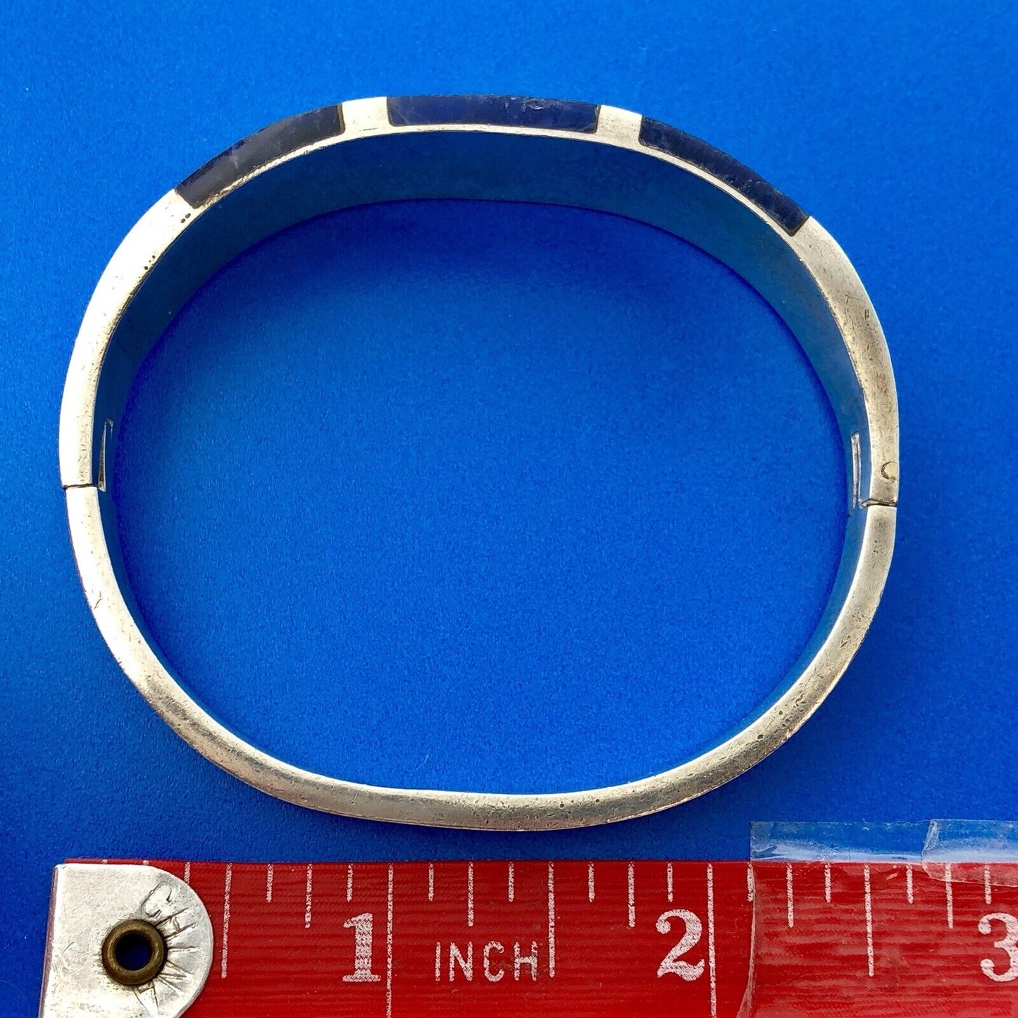 Retro Taxco Artisan 925 Sterling Silver Lapis Lazuli Inlay Hinged Cuff Bracelet