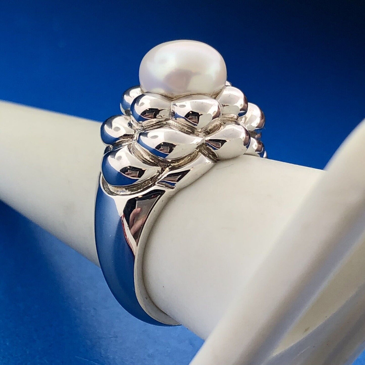 Designer EA Sterling Silver 925 Pearl Bubble Dome Cocktail Ring
