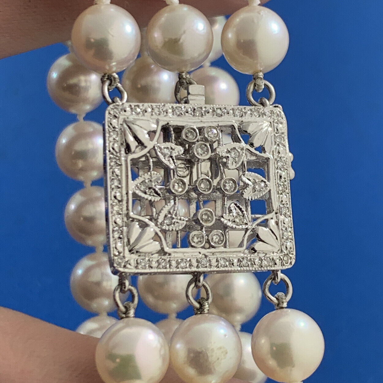Designer 14K White Gold Pearl Diamond Three Strand Statement Wide Bracelet