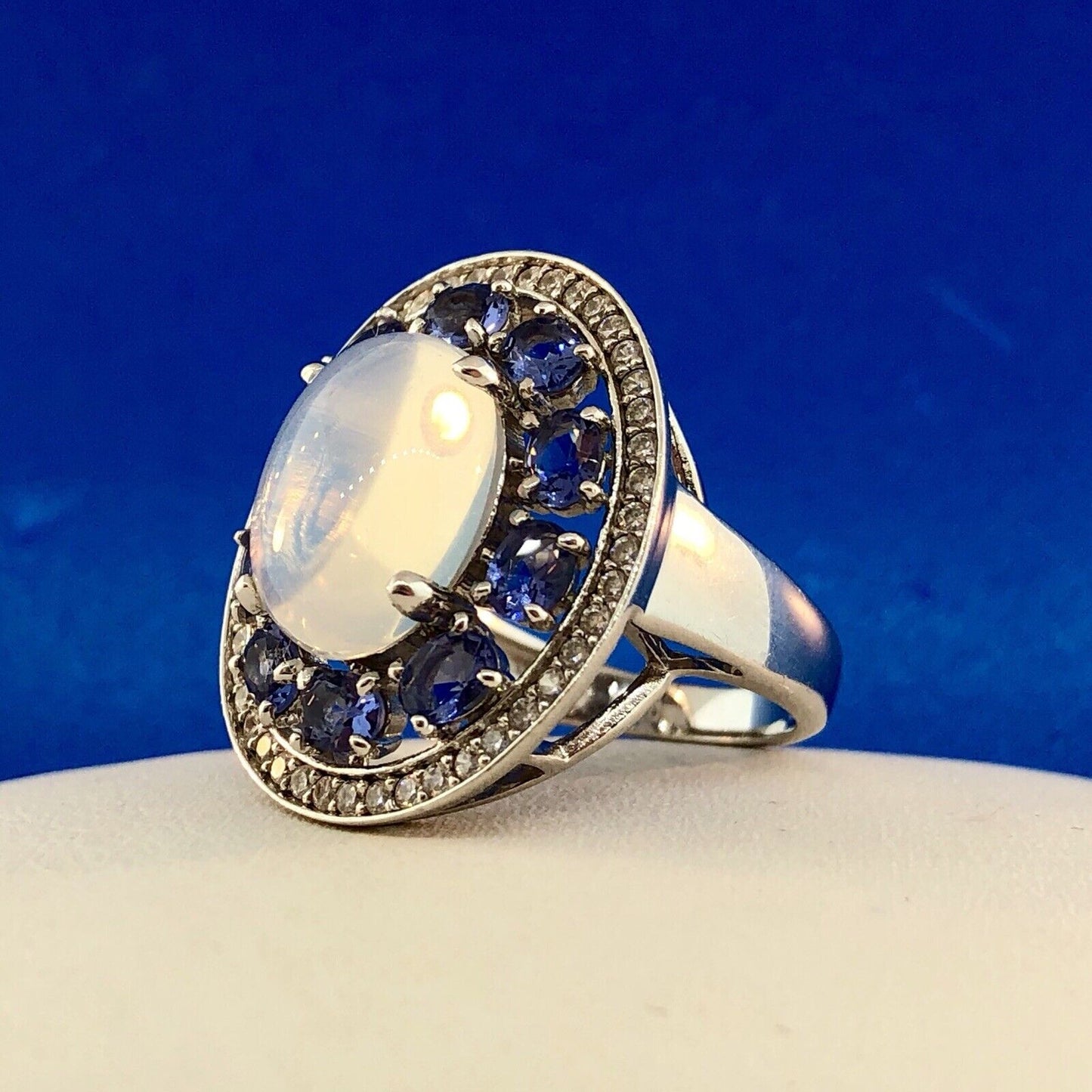 925 Sterling Silver Moonstone Tanzanite Diamond Double Halo Statement Ring