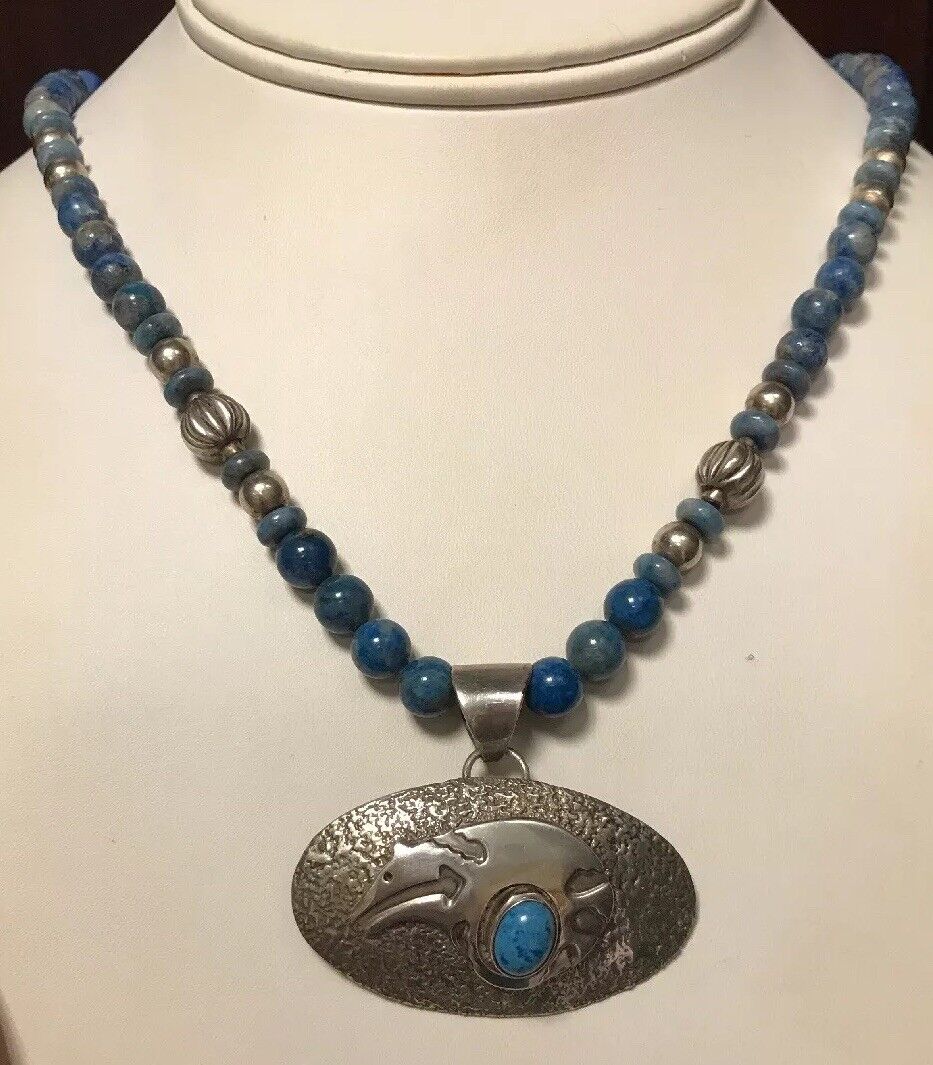 Vintage Native American Sterling Silver 925 Lapis Lazuli Bead Concho Necklace