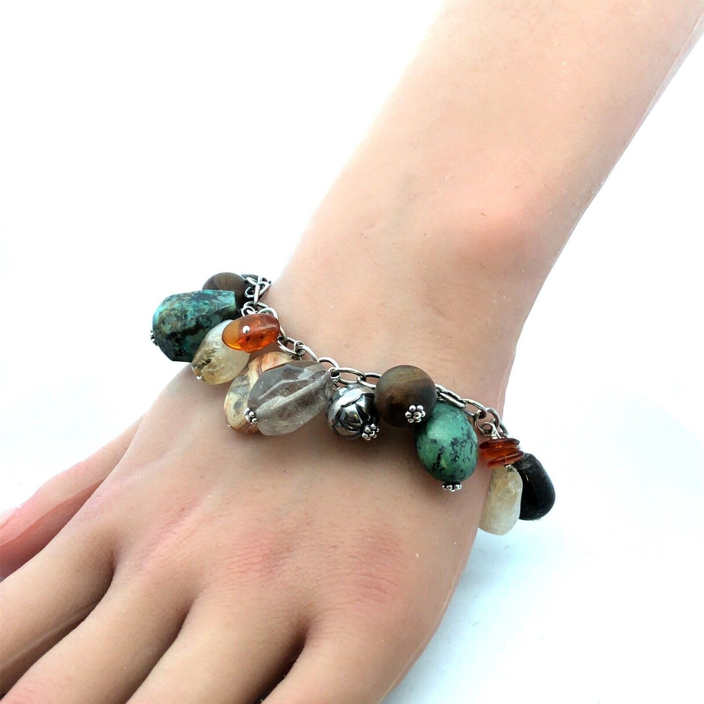 Silpada 925 Sterling Silver Multi-Gemstone Turquoise Agate Charm Chain Bracelet