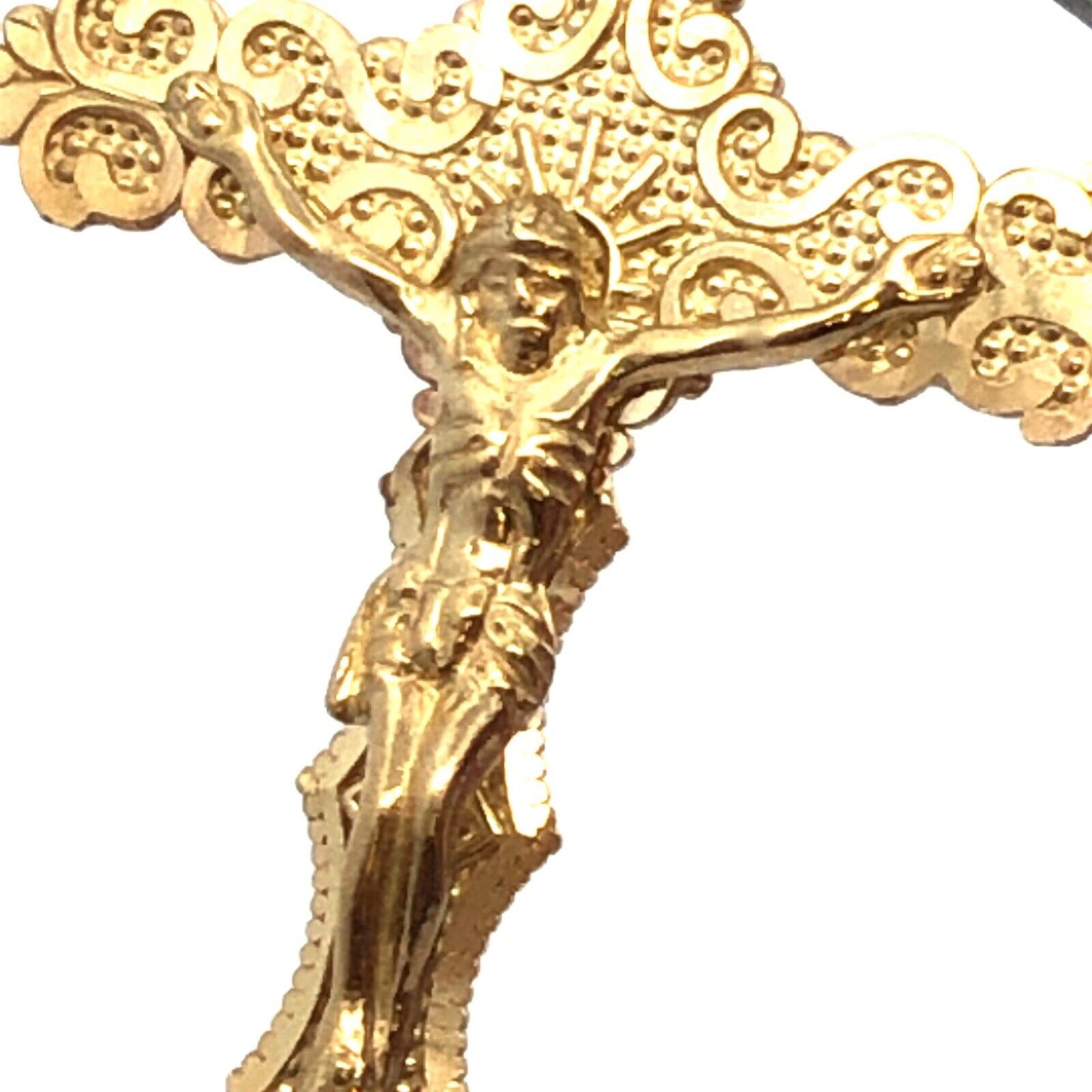 Designer 10K Yellow Gold Textured Crucifix Cross Religious Statement Pendant