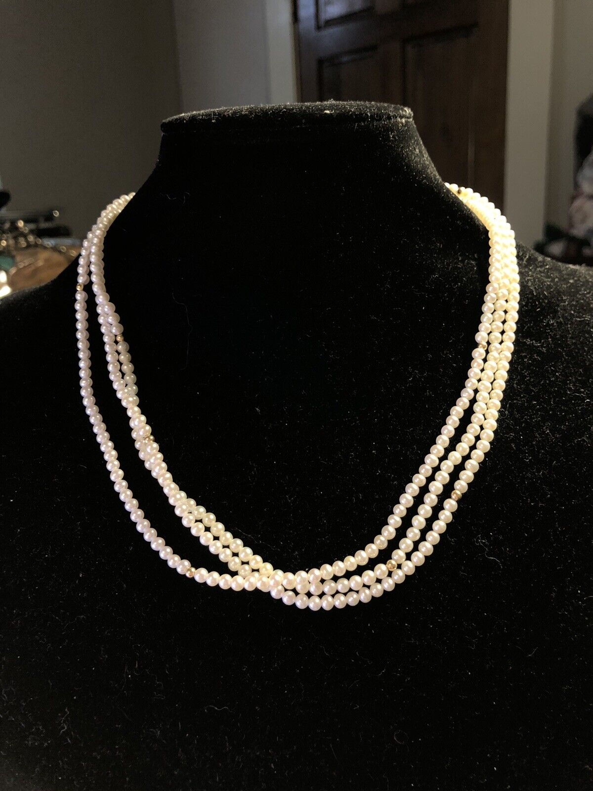 Designer 14K Yellow Gold White Pearl Beaded 3-Strand Necklace