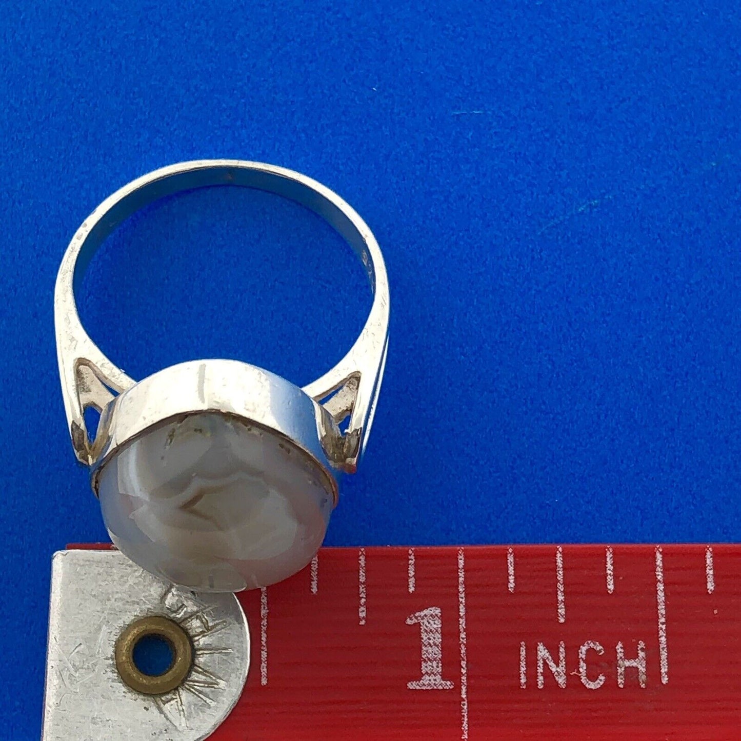 Retro 925 Sterling Silver Pear Cabochon Banded White Gray Agate Statement Ring