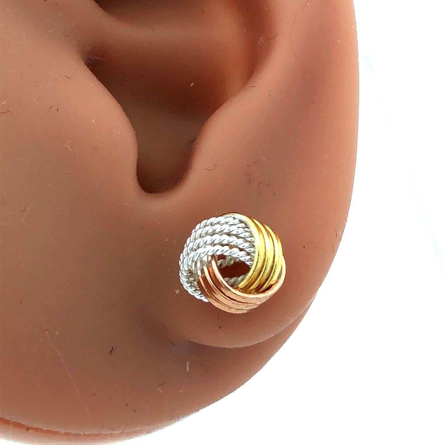 Designer 925 Sterling Silver Vermeil Tri-Tone Textured Twist Knot Stud Earrings