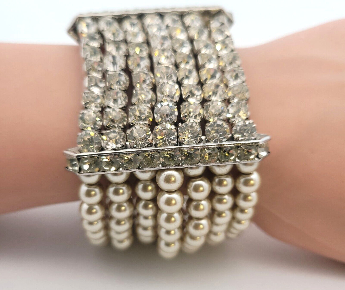 Vintage Runway Couture Silver Tone Faux Pearl Rhinestone Statement Cuff Bracelet