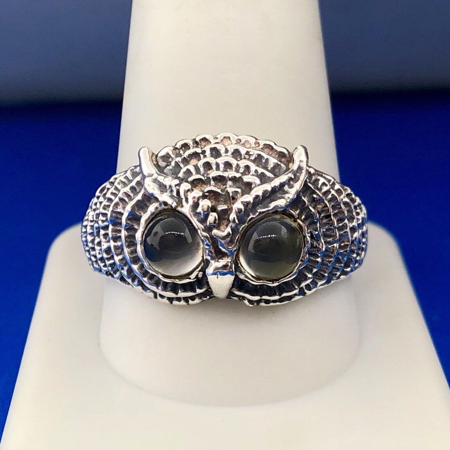 Artisan Sterling Silver Mens Moonstone Owl Textured Wisdom Prophecy Dome Ring