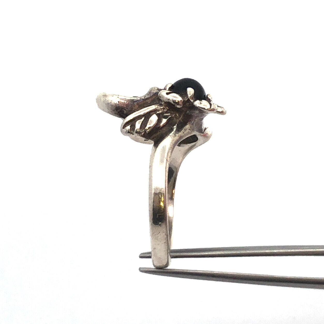 Vintage Harley Davidson 925 Sterling Silver Black Onyx Cabochon Floral Ring