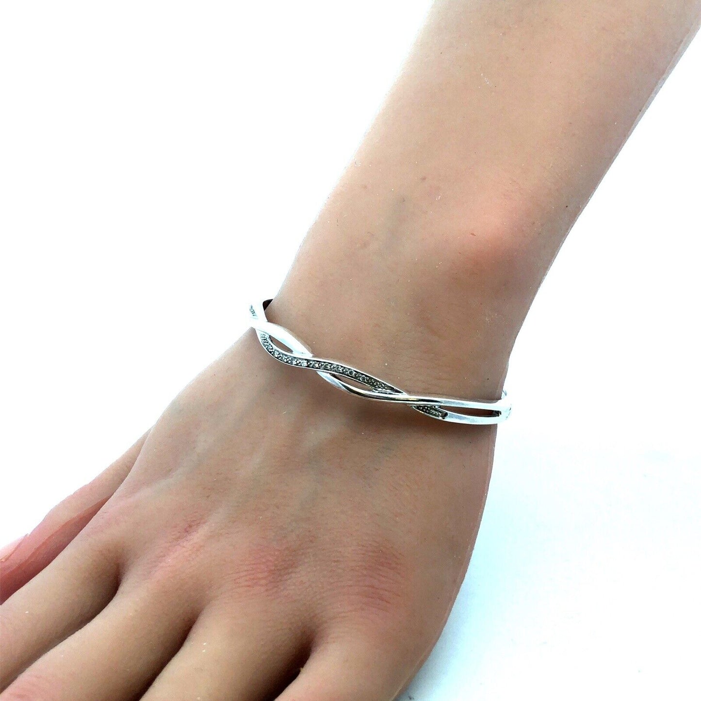 Designer ZEI 925 Sterling Silver Diamond Braided Infinity Hinged Bangle Bracelet