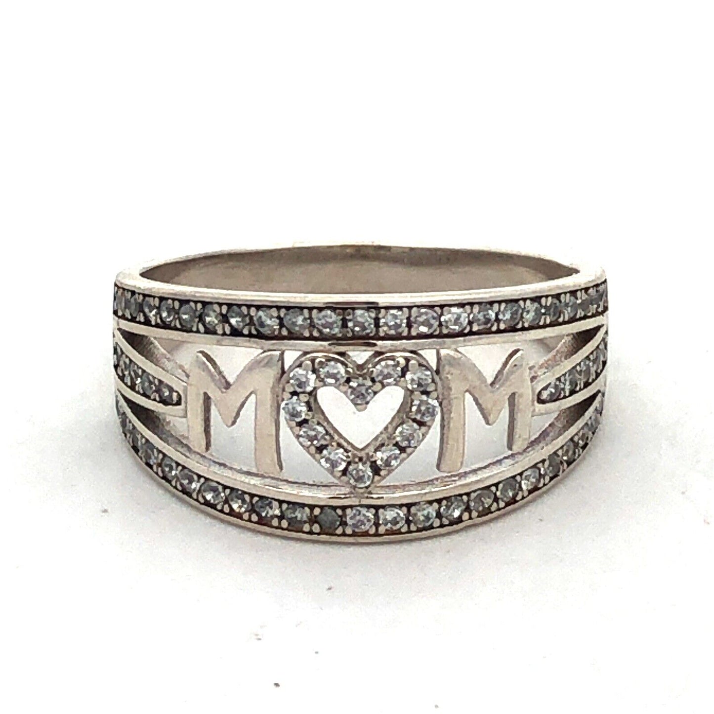 925 Sterling Silver Estate Cubic Zirconia CZ MOM Mother Heart Love Band Ring