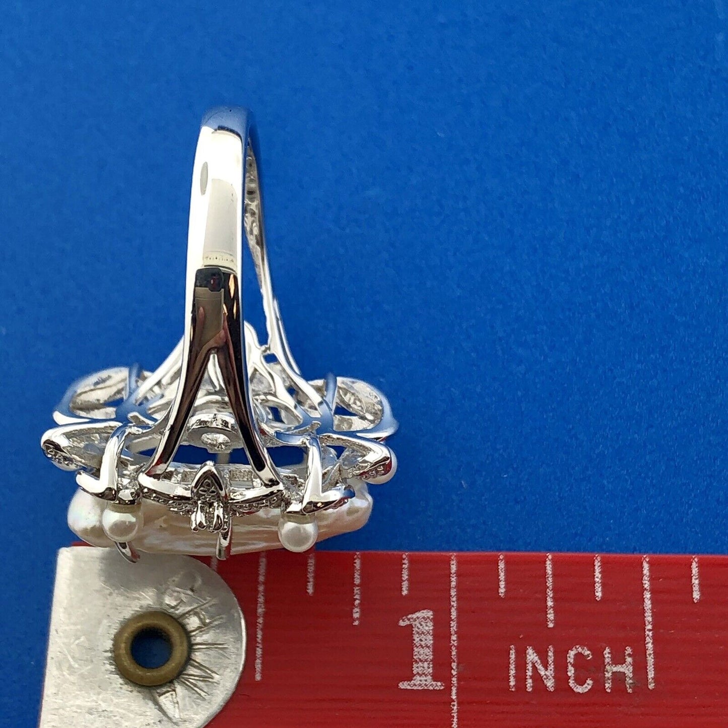 Designer HT 925 Sterling Silver Mother Of Pearl Diamond Pearl Floral Ring