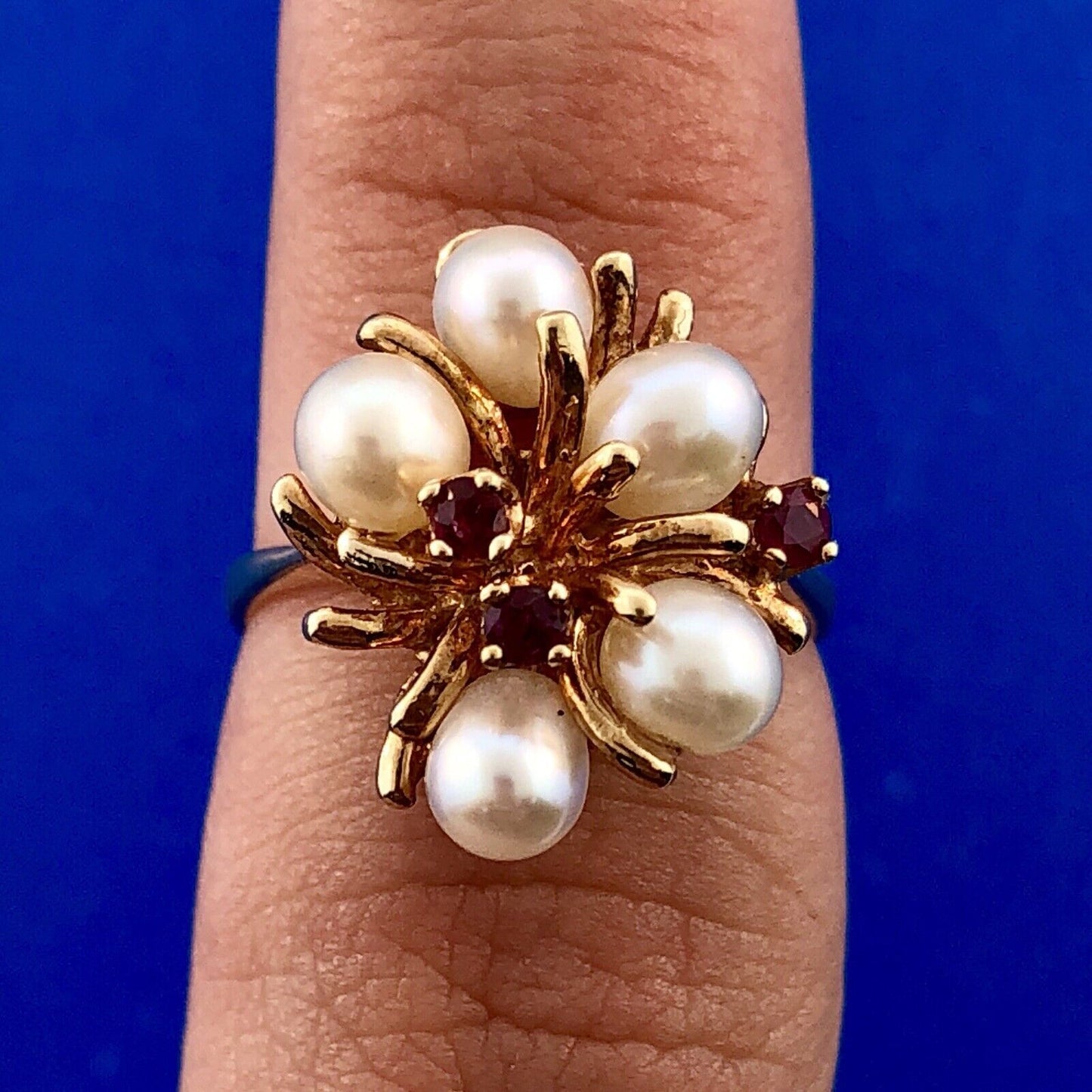 Vintage 14k Yellow Gold Ruby Pearl Cluster Modernist Free Form Cocktail Ring