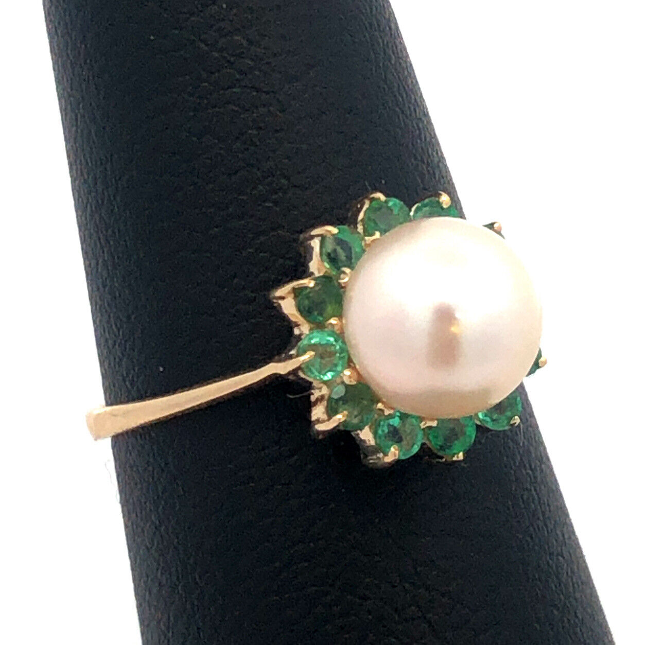 Designer 14K Yellow Gold Round Pearl Green Tourmaline Halo Cocktail Ring