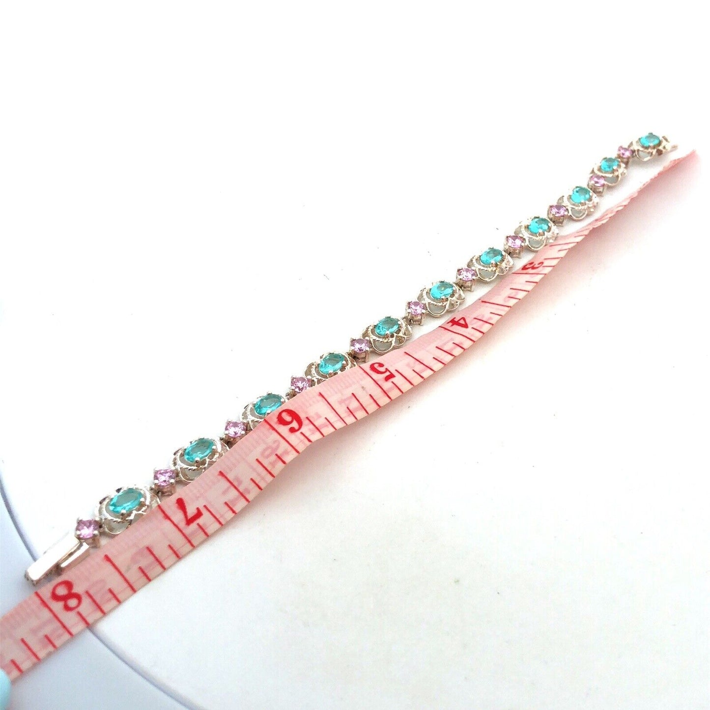 Designer HAN 925 Sterling Silver Oval Blue CZ Round Pink CZ Tennis Bracelet