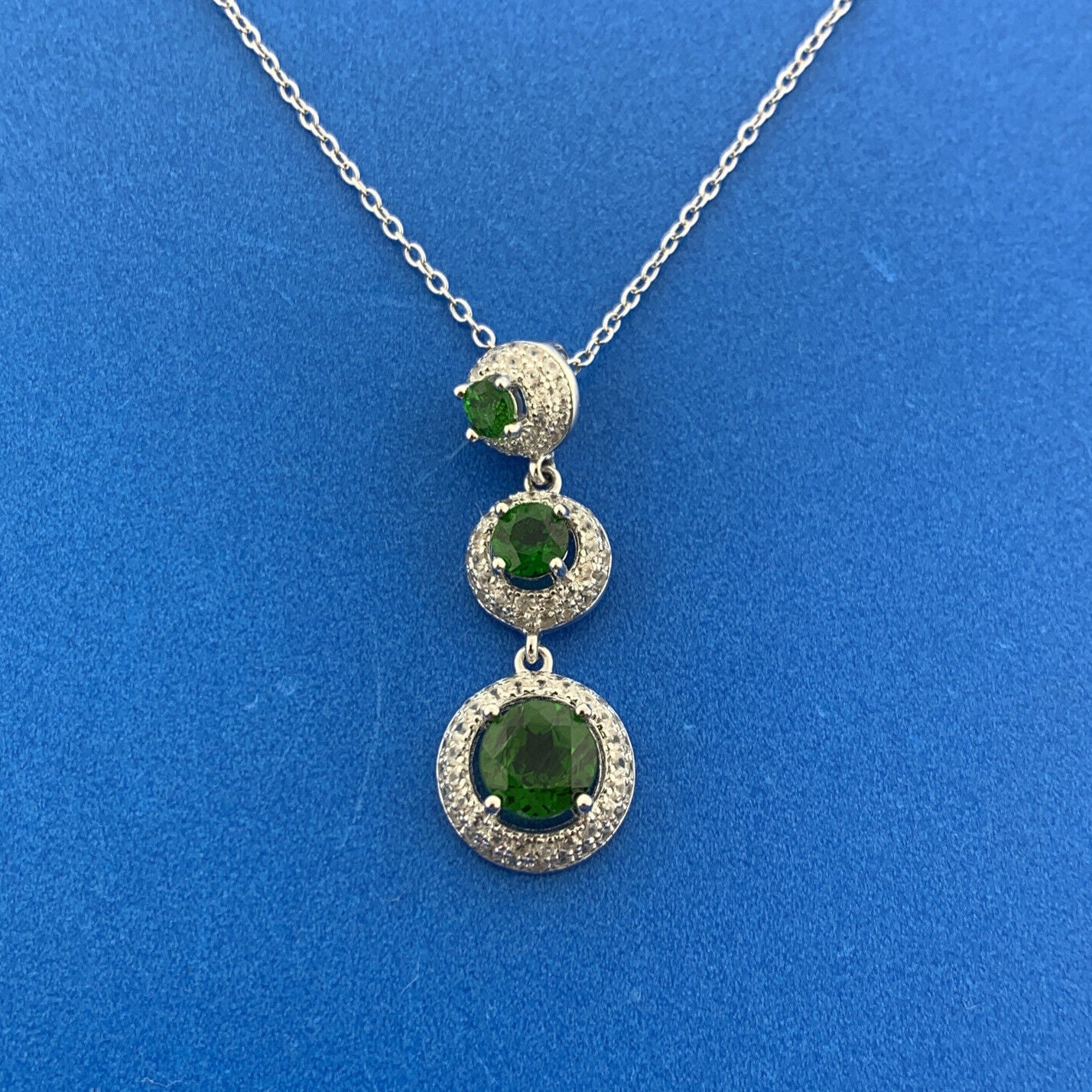 Sterling Silver 925 Round Cut Emerald Diamond Halo Triple Dangle 18" Necklace