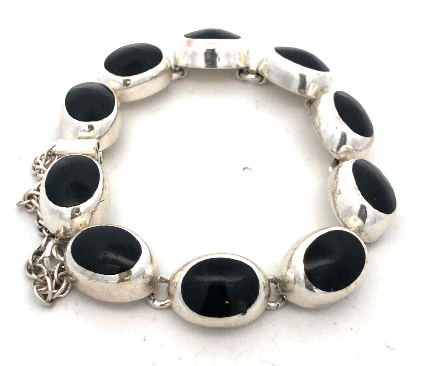 Vintage Taxco Mexico 925 Sterling Silver Oval Black Onyx Tennis Bracelet