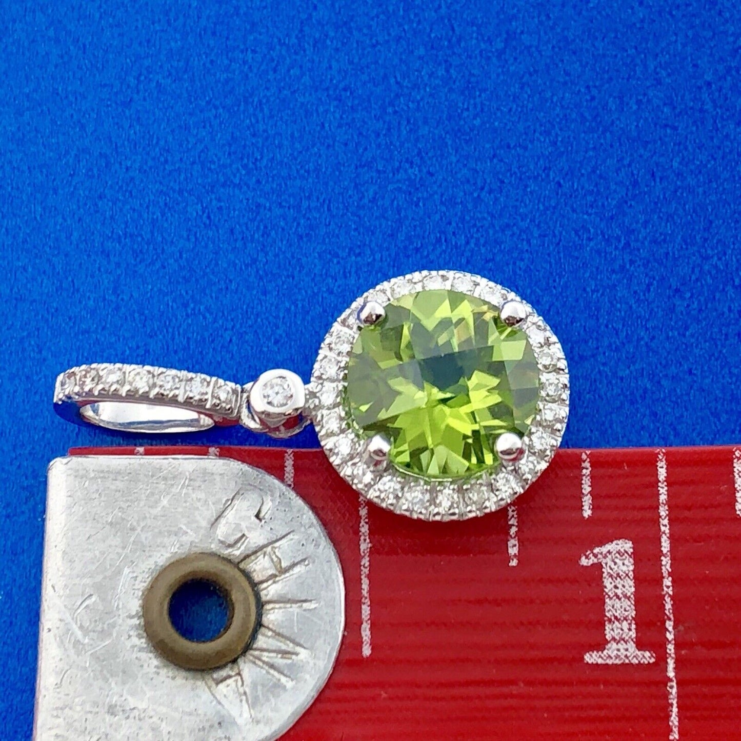 14k White Gold Peridot Pendant Diamond Halo Accents August Anniversary Pendant