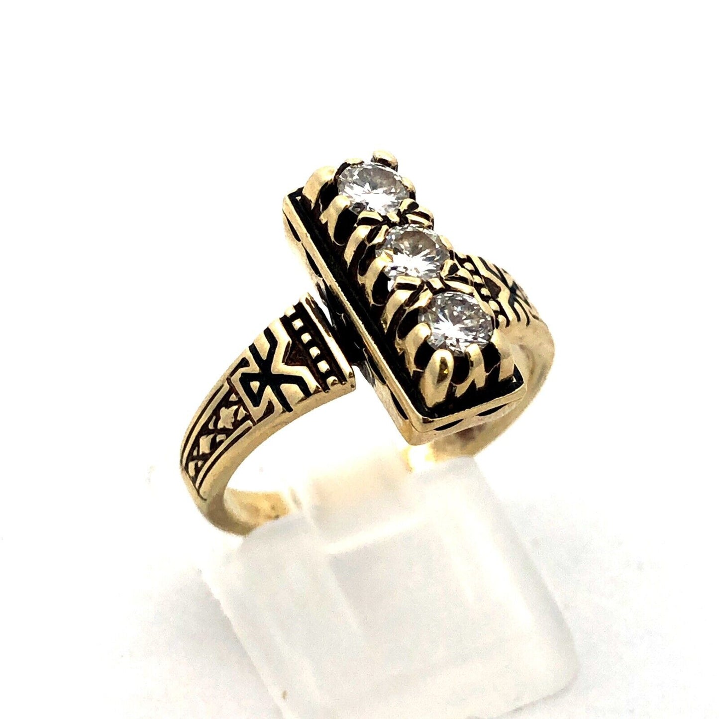 Custom Art Deco 14K Yellow Gold Diamond Trio Engagement Anniversary Ring