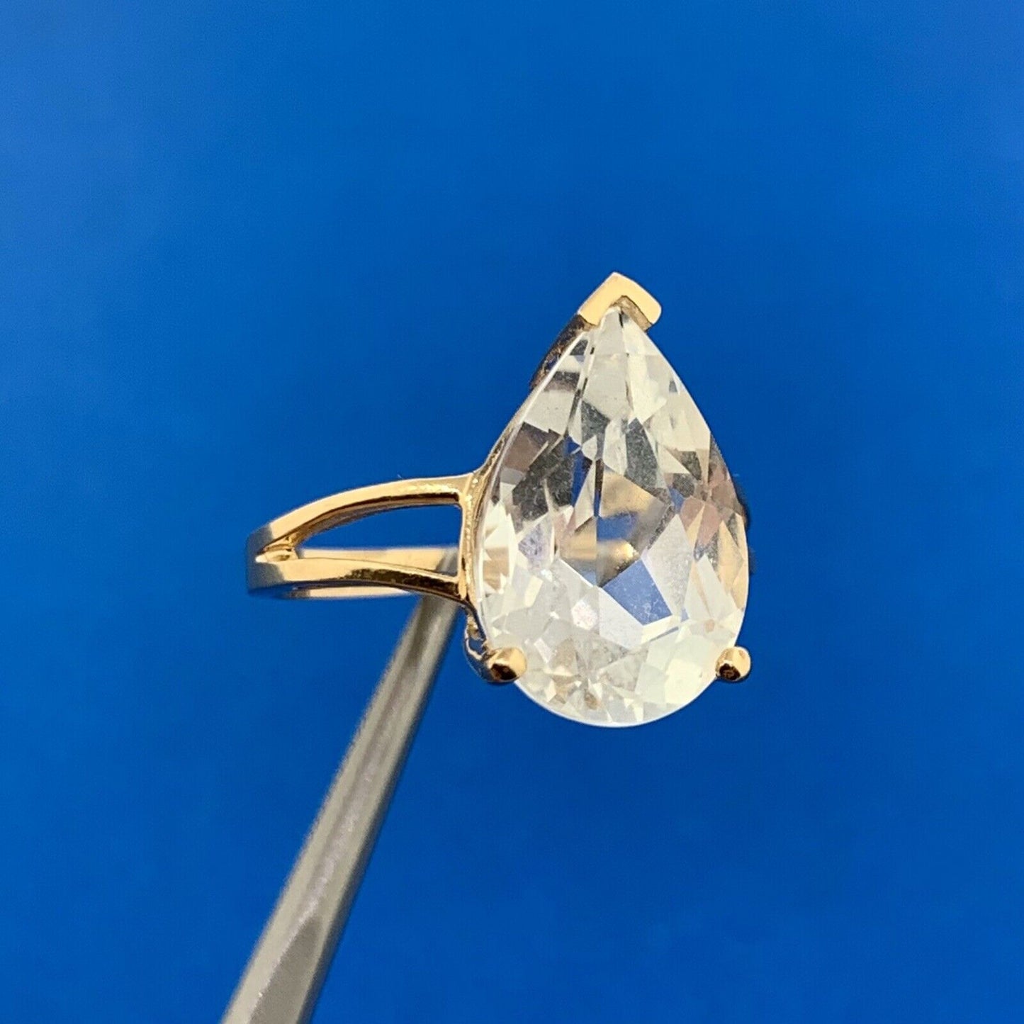 14K Yellow Gold Faceted Pear White Sapphire Solitaire Statement Engagement Ring