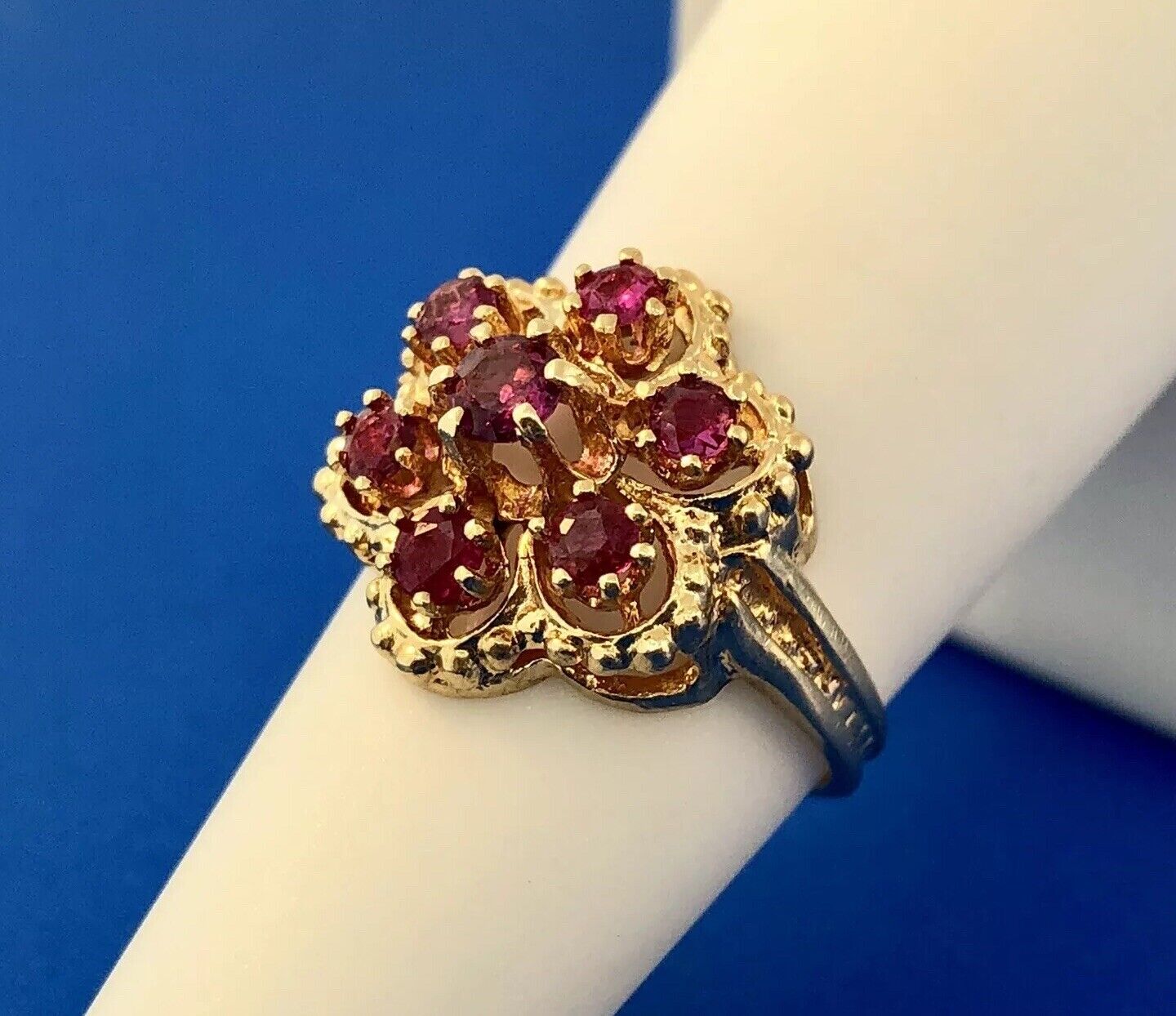 Perfect 14K Yellow Gold Ruby Flower Cluster July Anniversary Sweetheart Ring