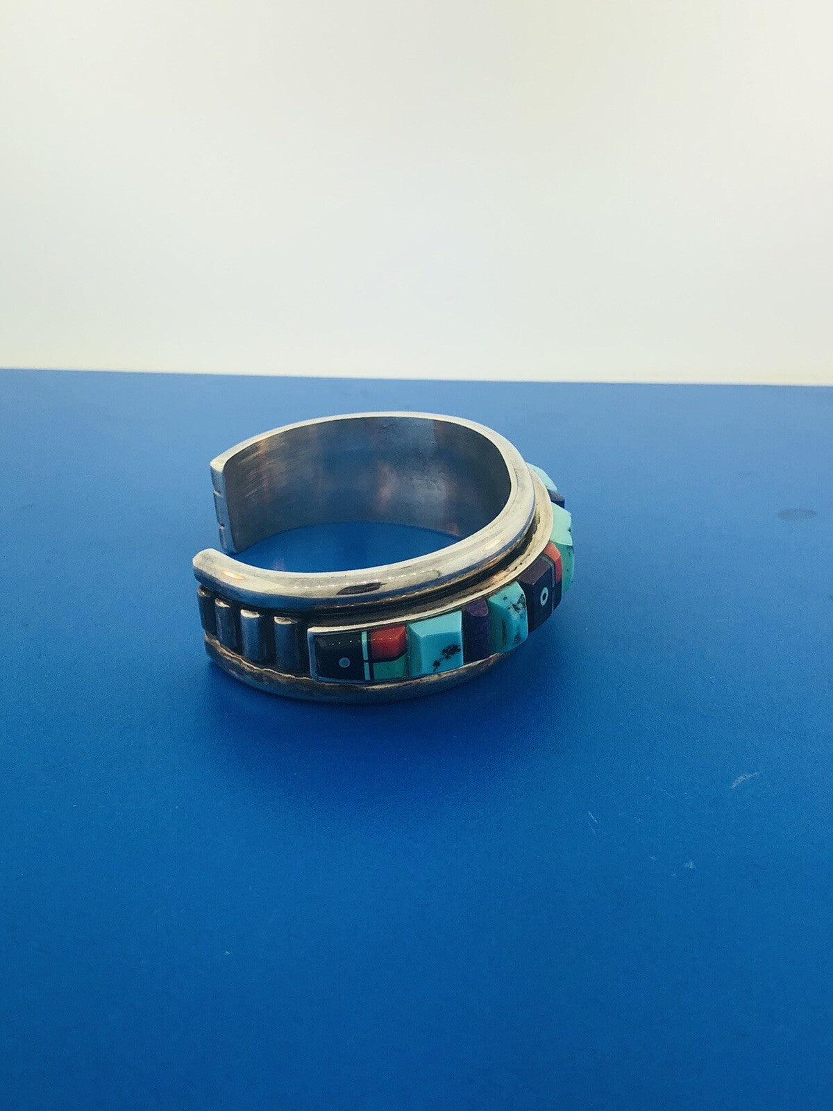 Native American 925 Sterling Silver Turquoise Multi Gem Cuff Bracelet Ronnie