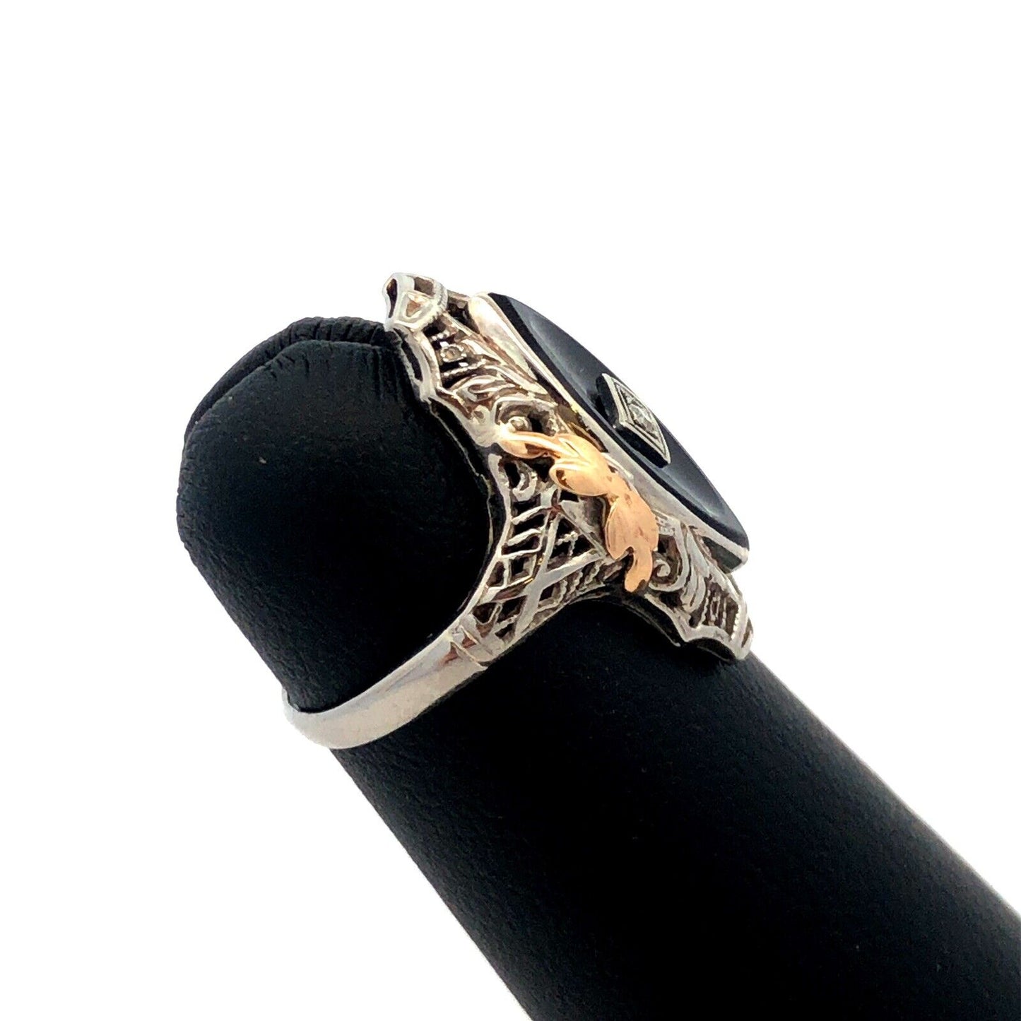 Vintage 14K White Yellow Gold Two Tone Black Onyx Diamond Art Deco Oval Ring