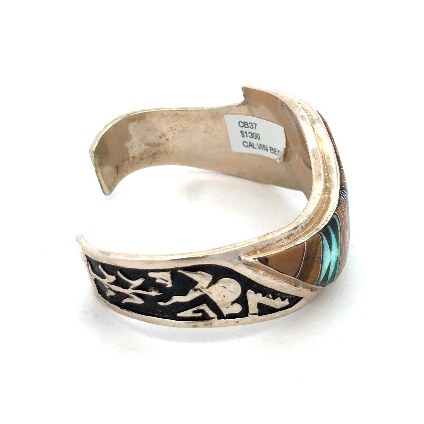 Calvin Begay Sterling Silver Mixed Gemstone Inlay Open Storyteller Cuff Bracelet