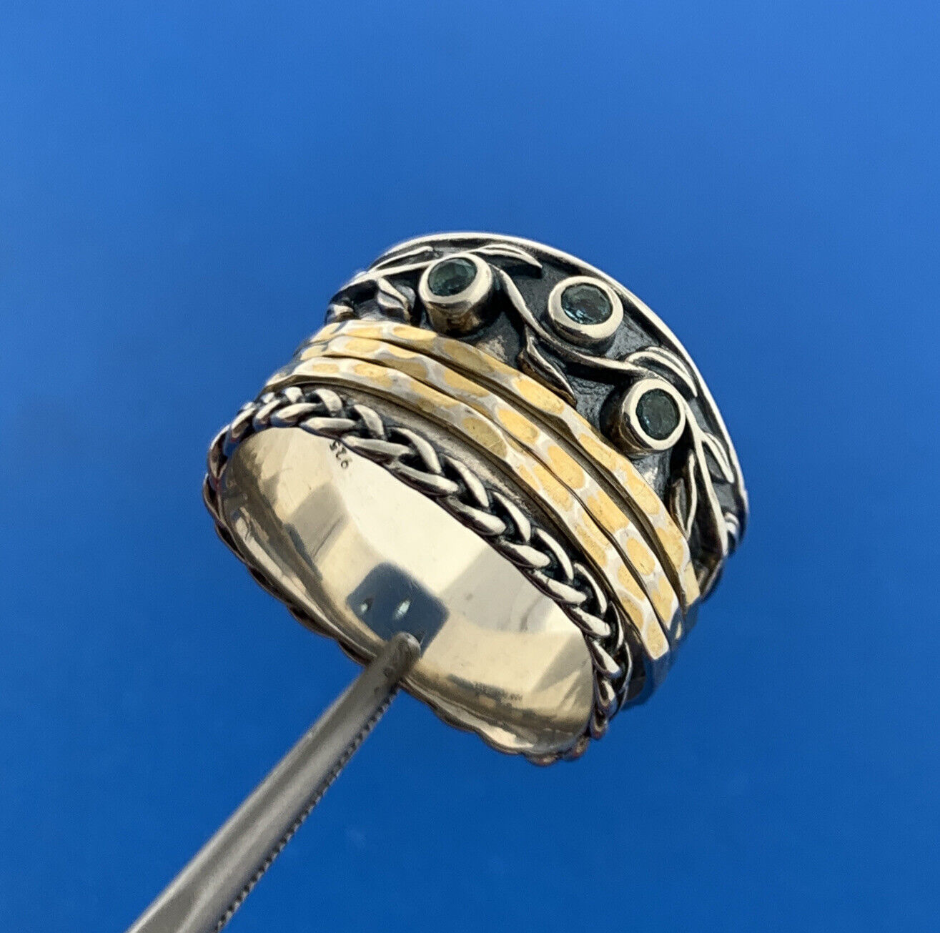 PAZ Creations PZ Sterling Silver Blue Topaz Two Toned 3 Spinner Wide Band Ring