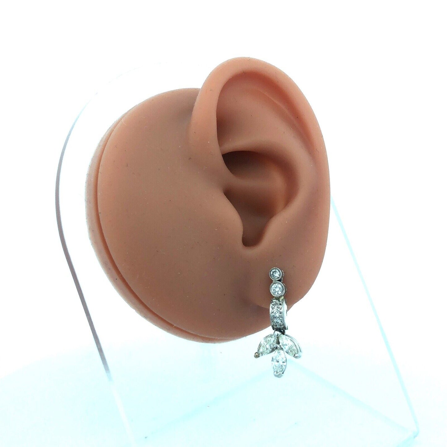 Designer 14K White Gold Diamond Floral Cluster Dangle Pierced Stud Earrings
