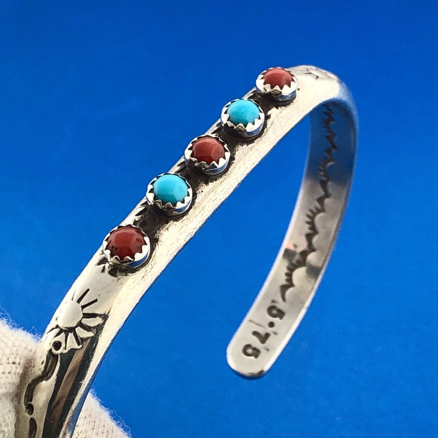 LAG-ZUNI JP Artisan Sterling Turquoise Coral Petite Storyteller Cuff Bracelet