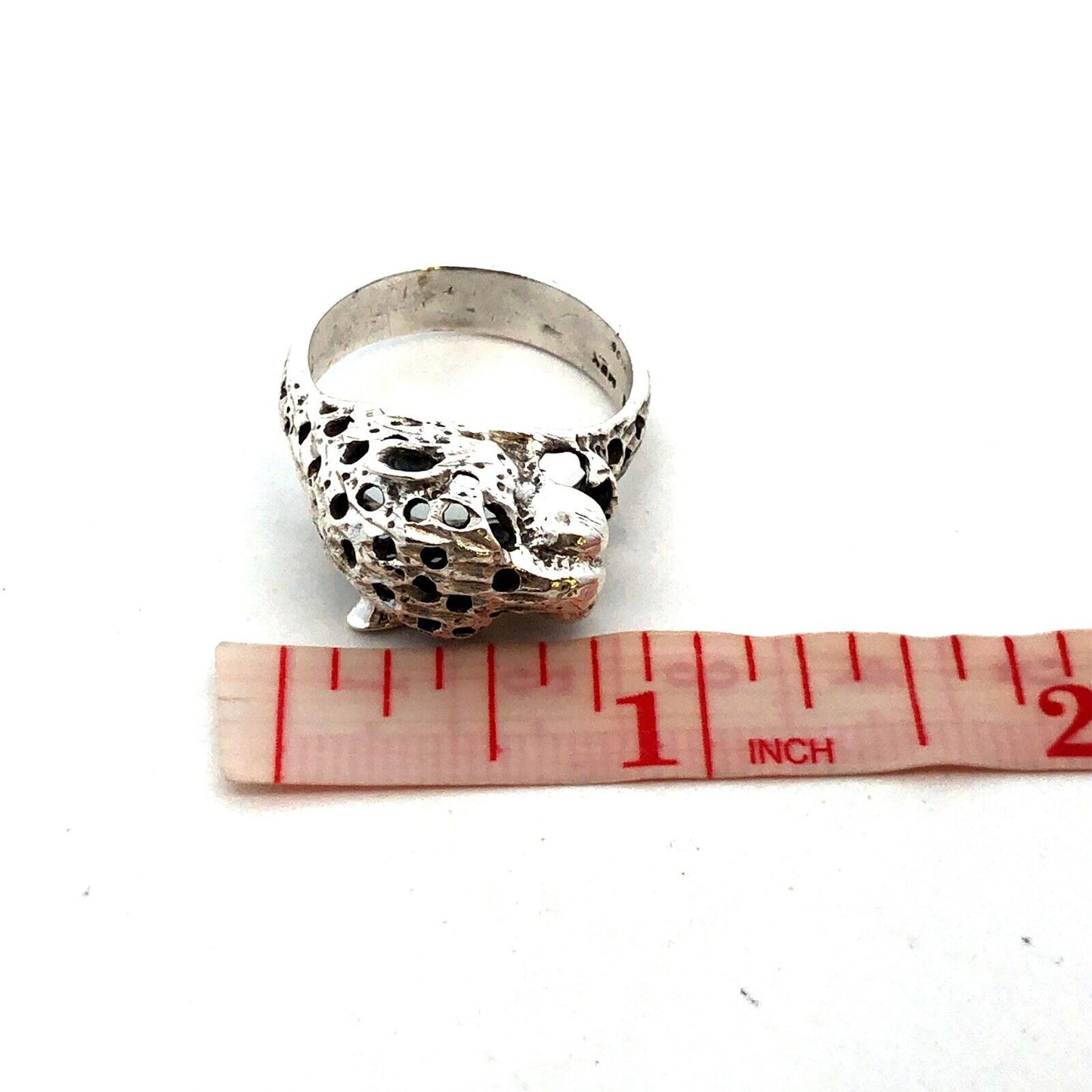 Vintage Mexico 925 Sterling Silver Cheetah Jaguar Cat Head Statement Ring