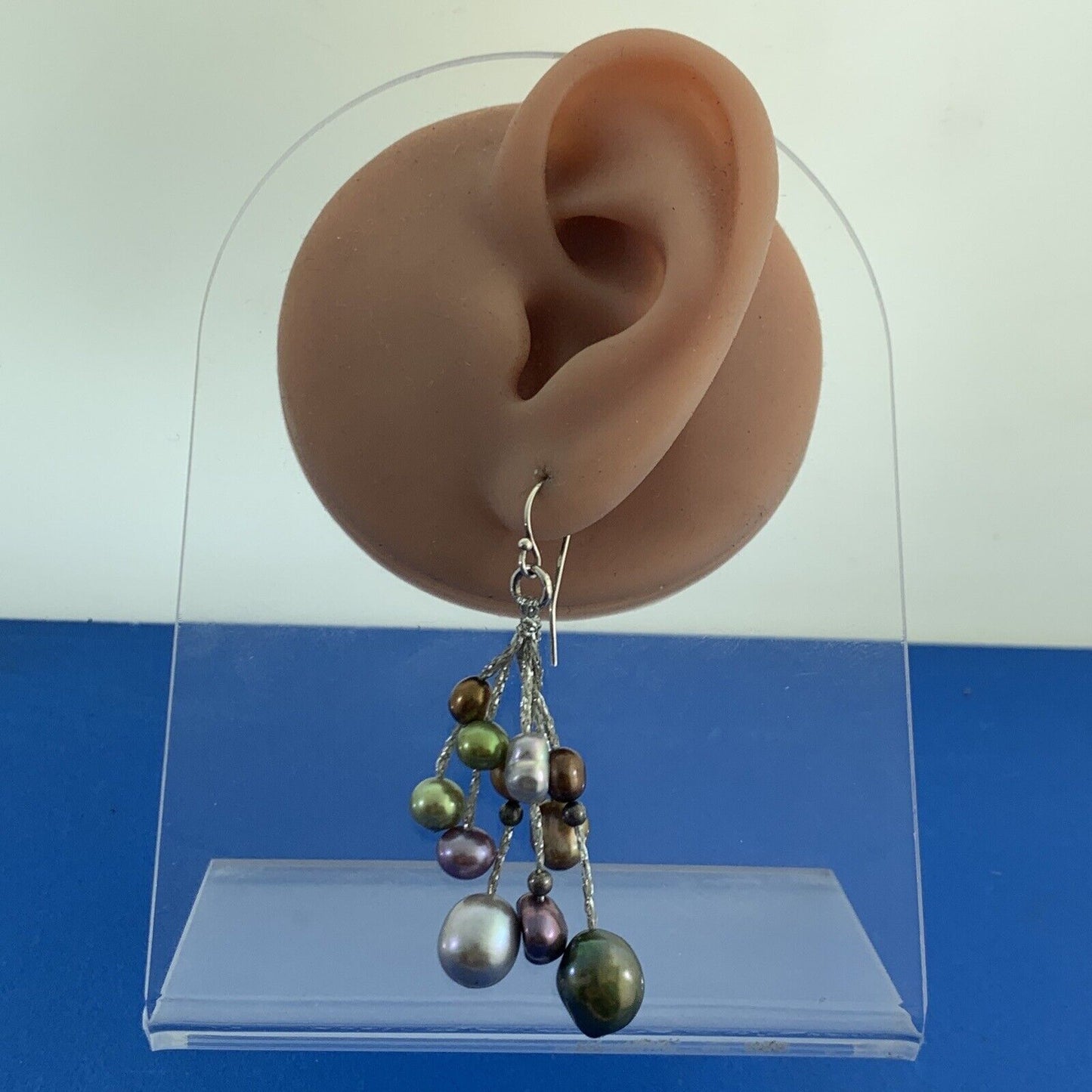 Estate 925 Sterling Silver Green Purple Gold Silver Pearl Hook Dangle Earrings