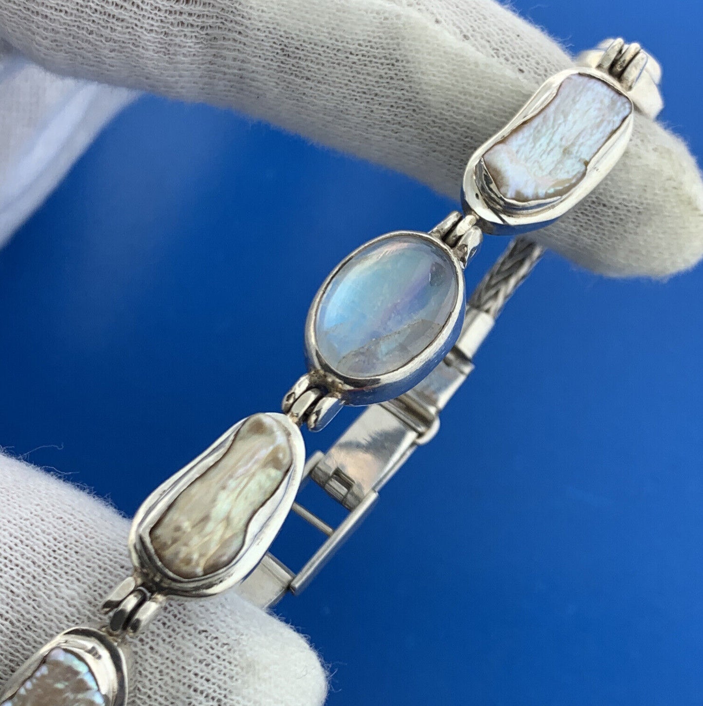 Vintage 925 Sterling Silver Moonstone Mabe Pearl Panel Statement Bracelet