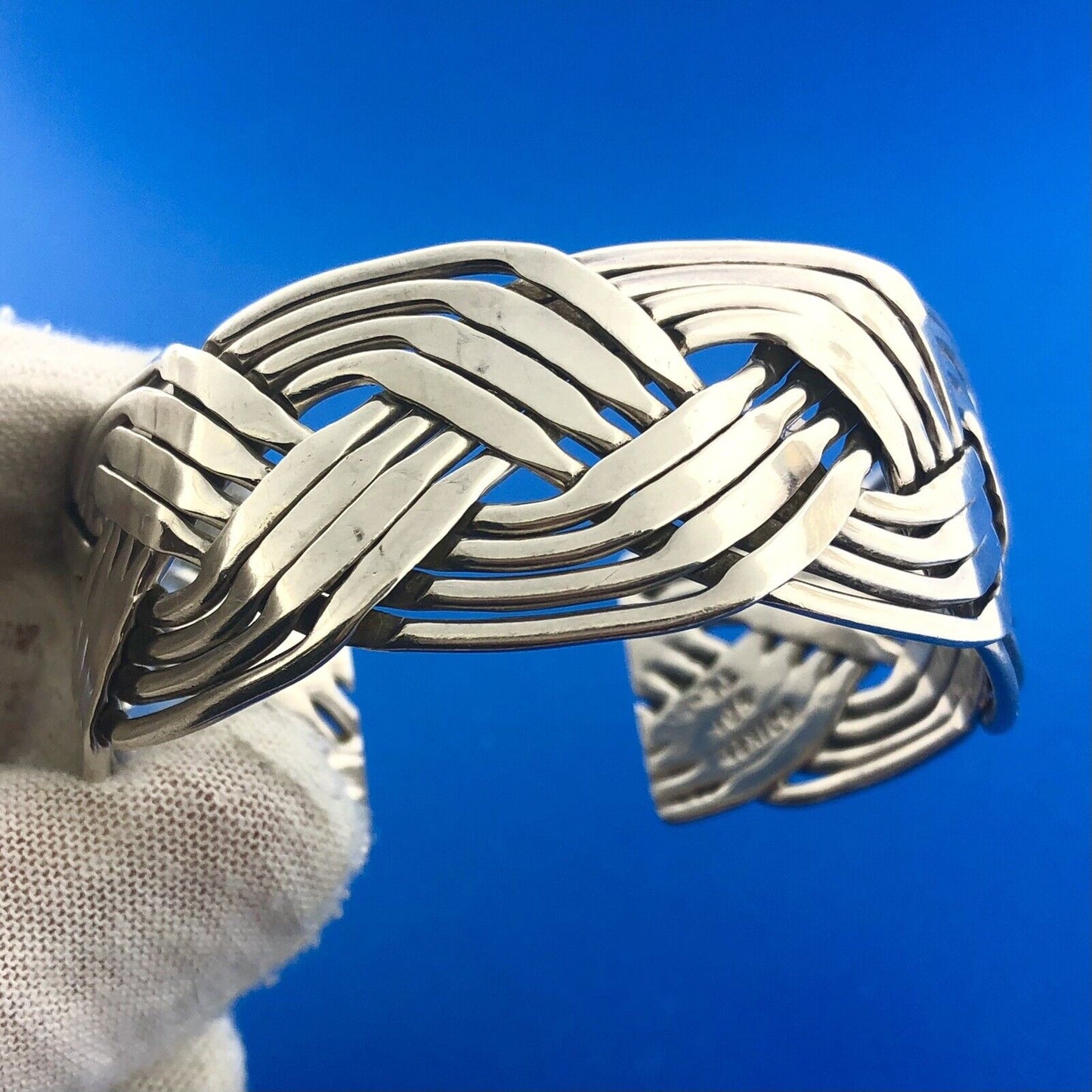 Vintage Taxco Mexico TE-5 925 Sterling Silver Basket Weave Open Cuff Bracelet