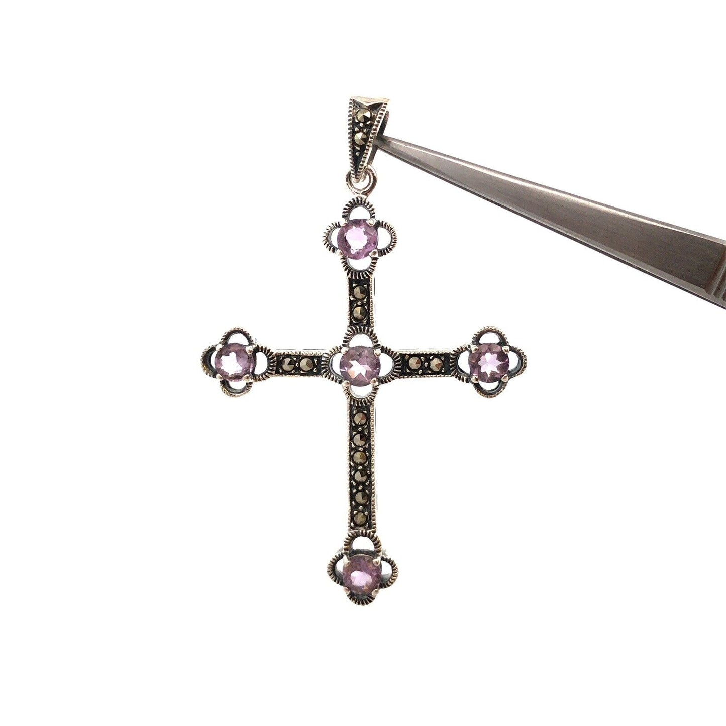Vintage 925 Sterling Silver Round Amethyst Marcasite Statement Cross Pendant
