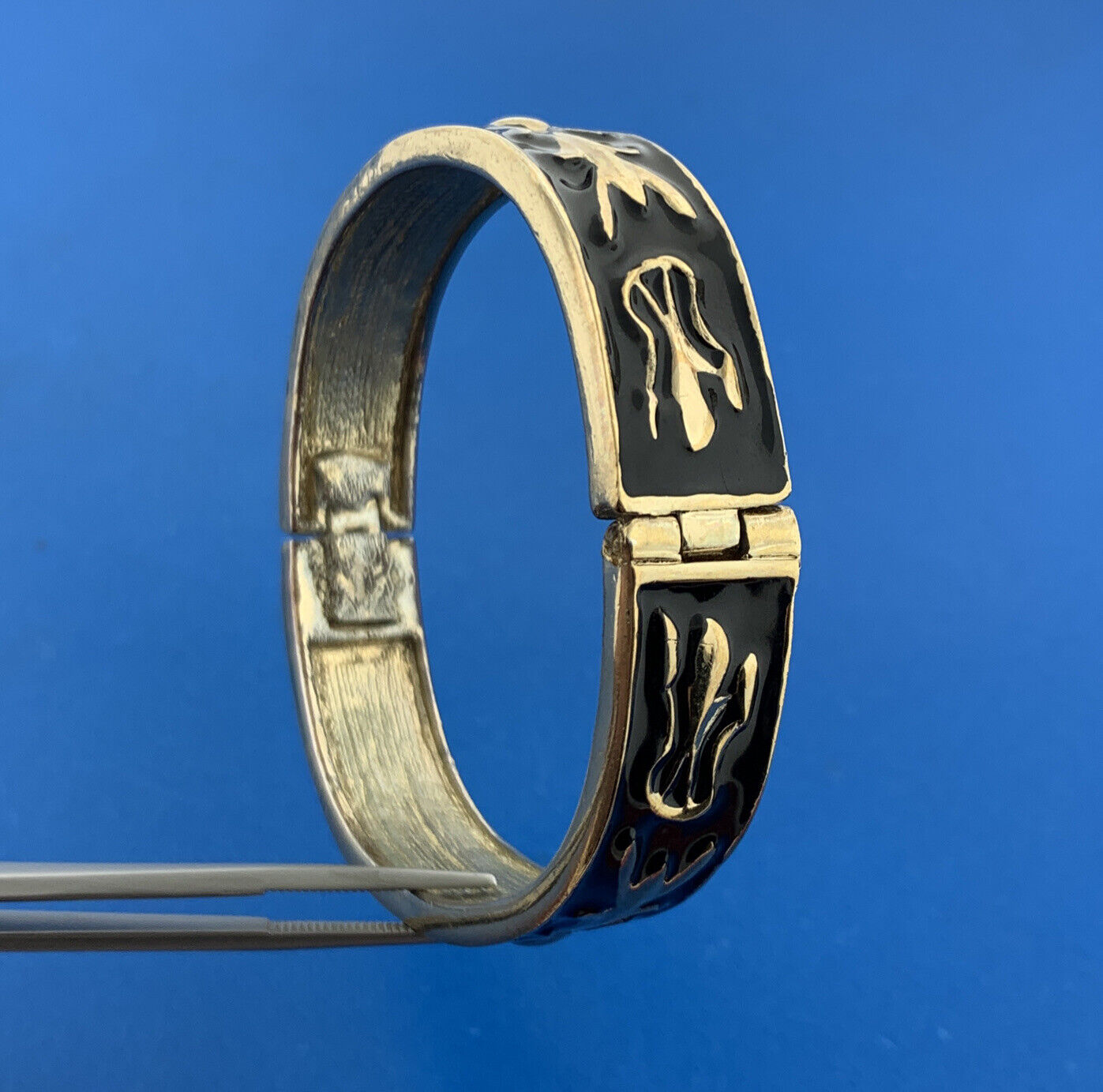 1980's Fabulous Gold Tone Black Gold Enamel Hinged Statement Cuff Bracelet