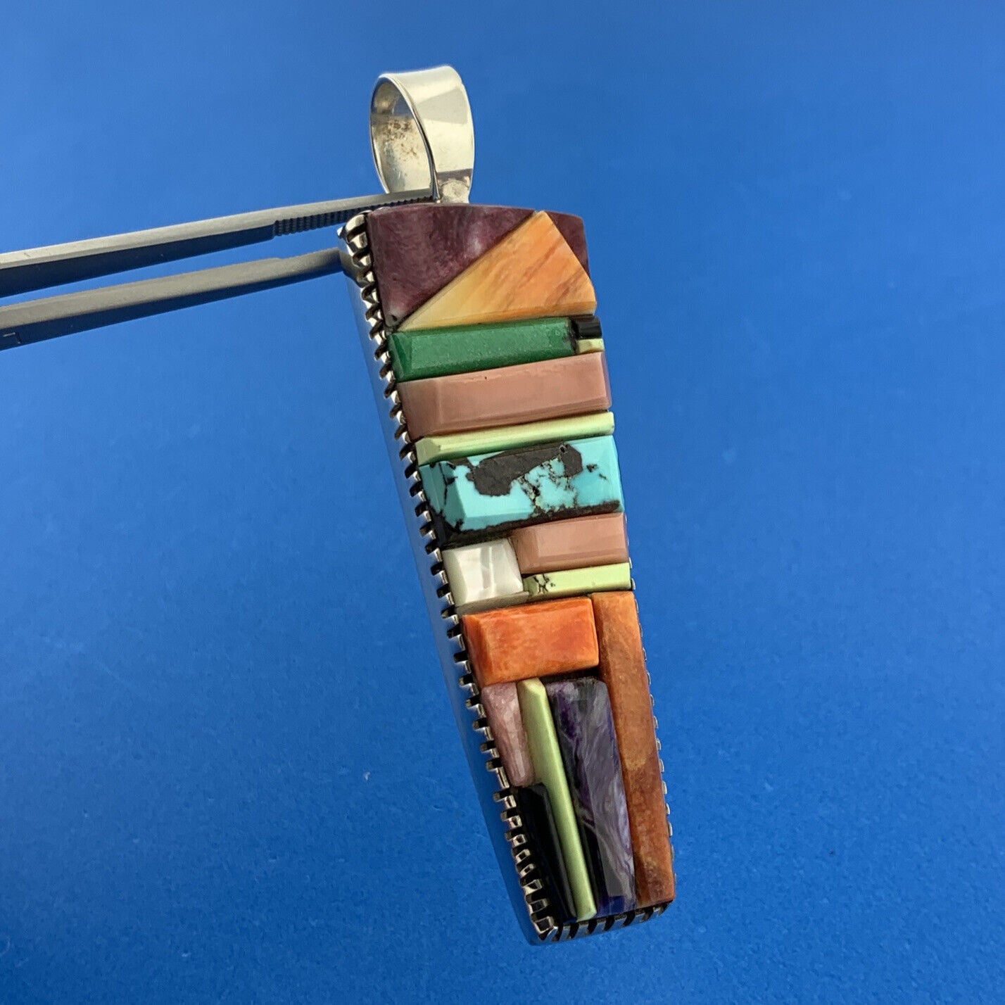 Stunning Sterling Silver 925 Multi-Stone Rainbow Tall Obelisk Statement Pendant