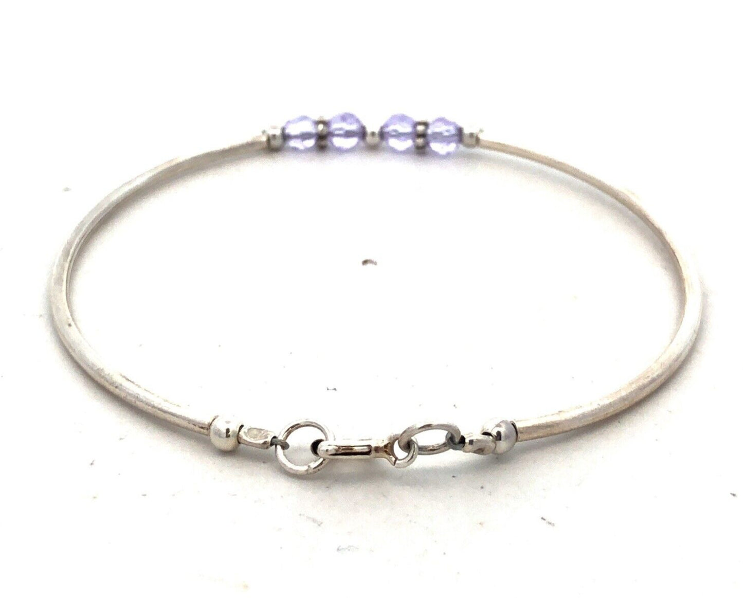 925 Sterling Silver Purple Crystal Beaded Round Bangle Bracelet