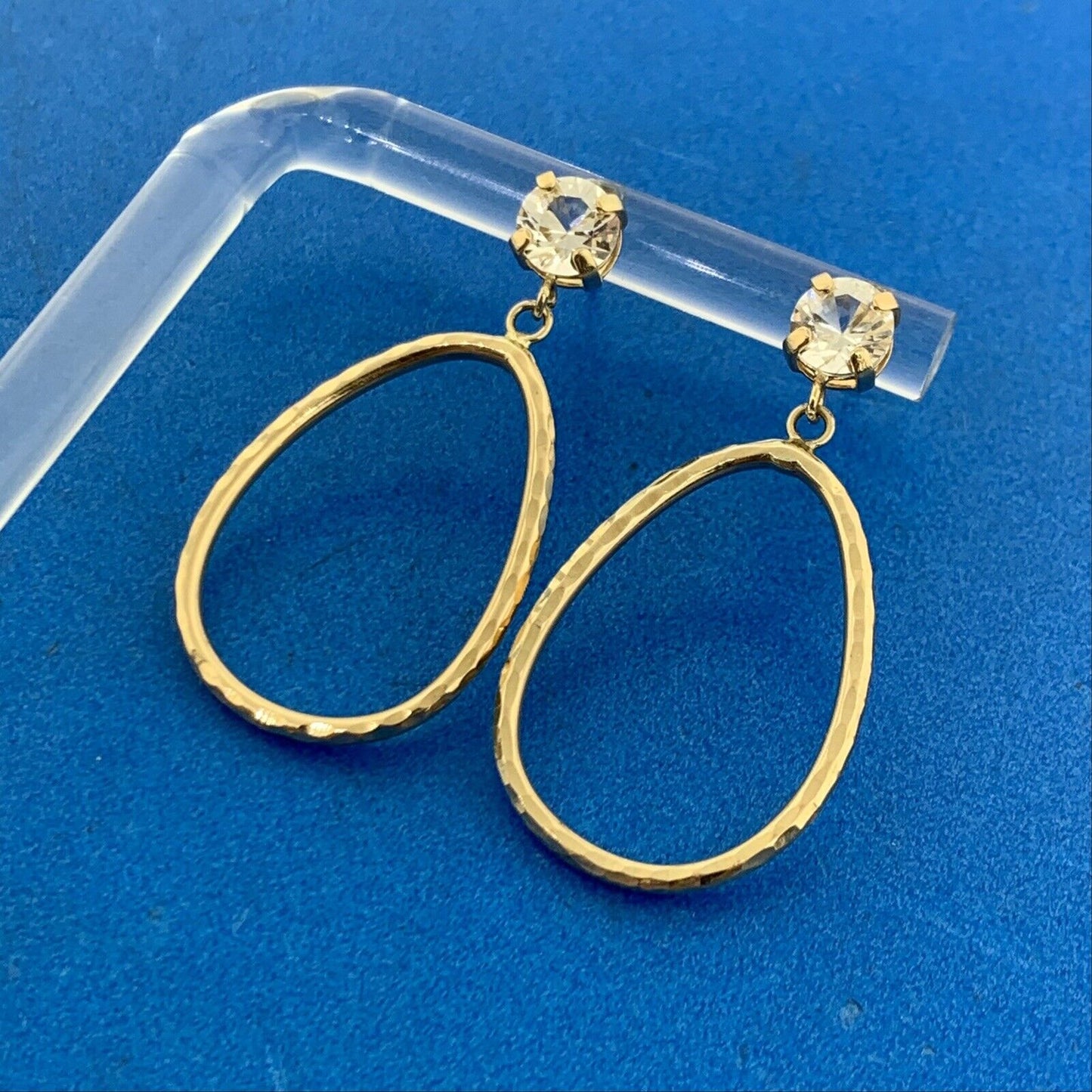 Designer 10K Yellow Gold White Sapphire Hammered Hoop Dangle Stud Earrings