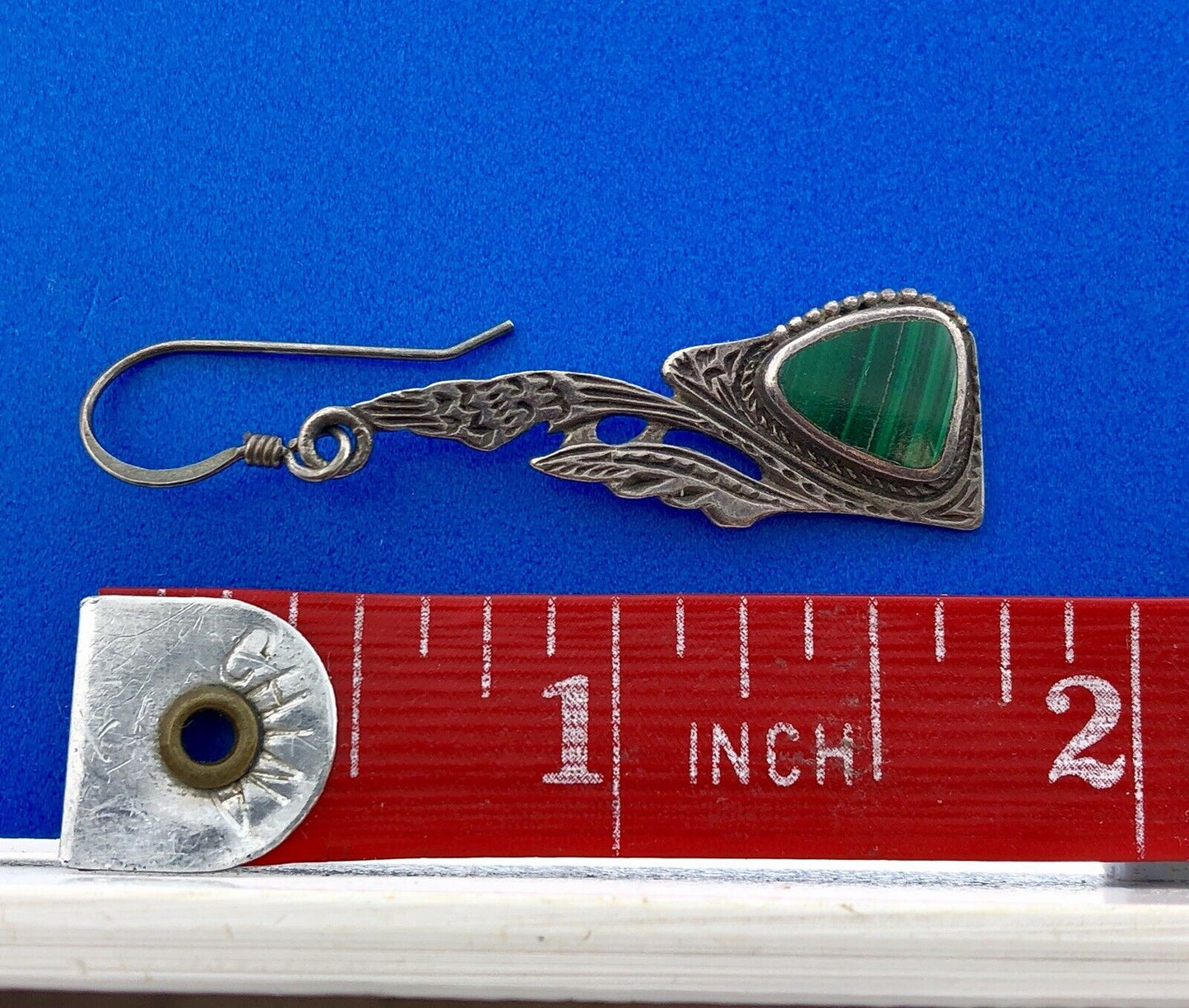 Estate Sterling Silver Malachite Trilliant Feather Wings Motif Dangle Earrings