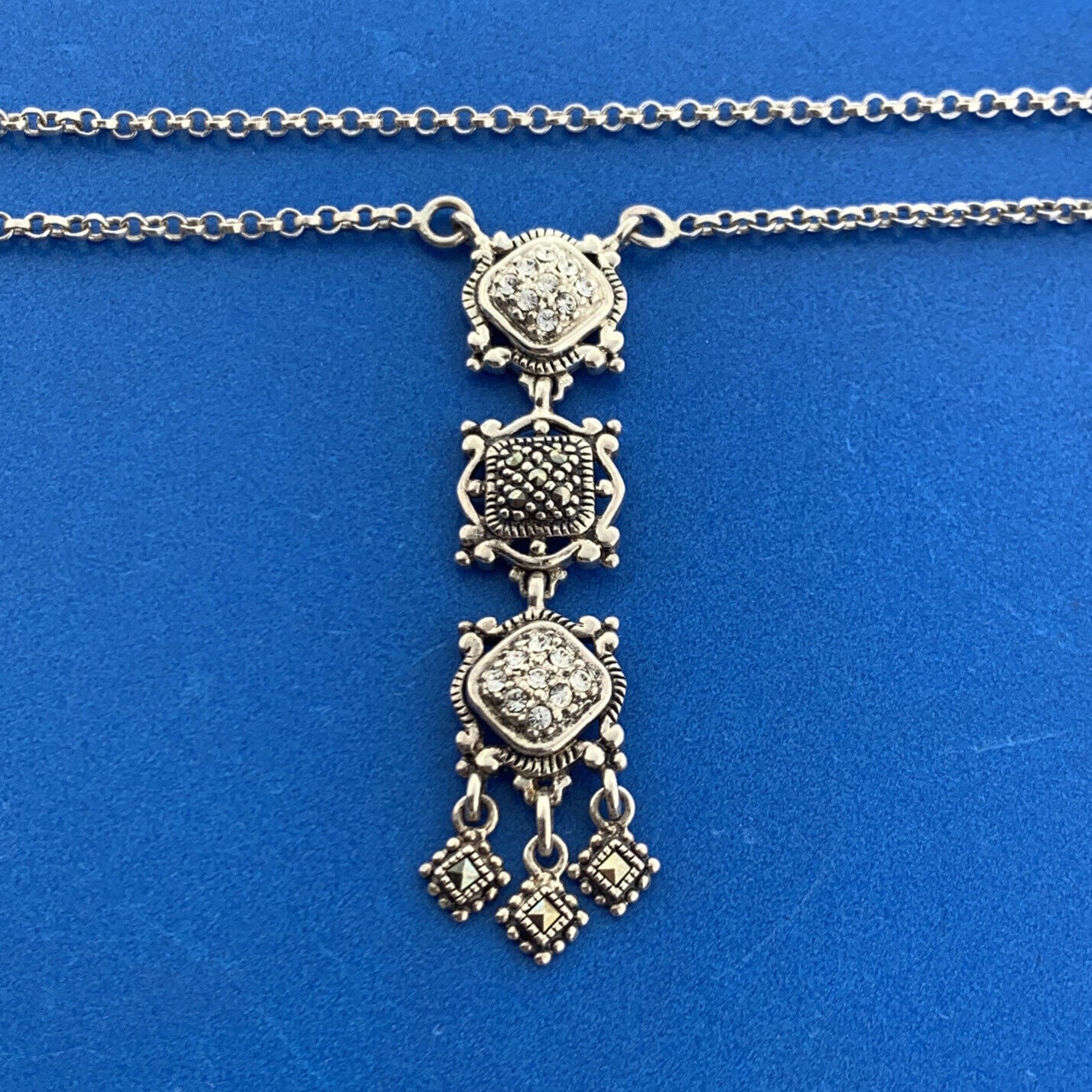 Stunning Sterling Silver 925 Round Sparkling CZ & Marcasite 17" Chain Necklace