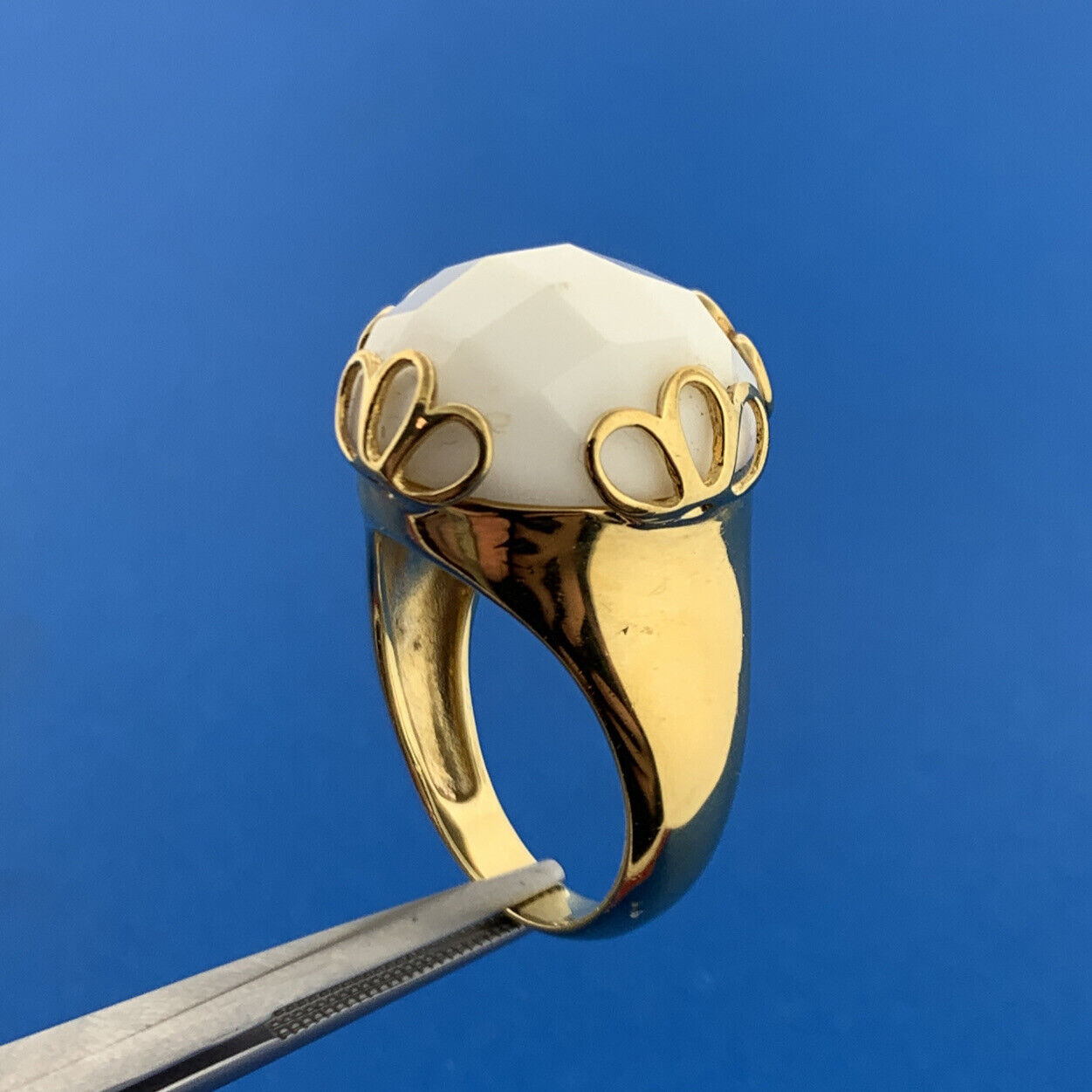 Italy Gold Toned Sterling Silver 925 Faceted White Scolecite Statement Dome Ring