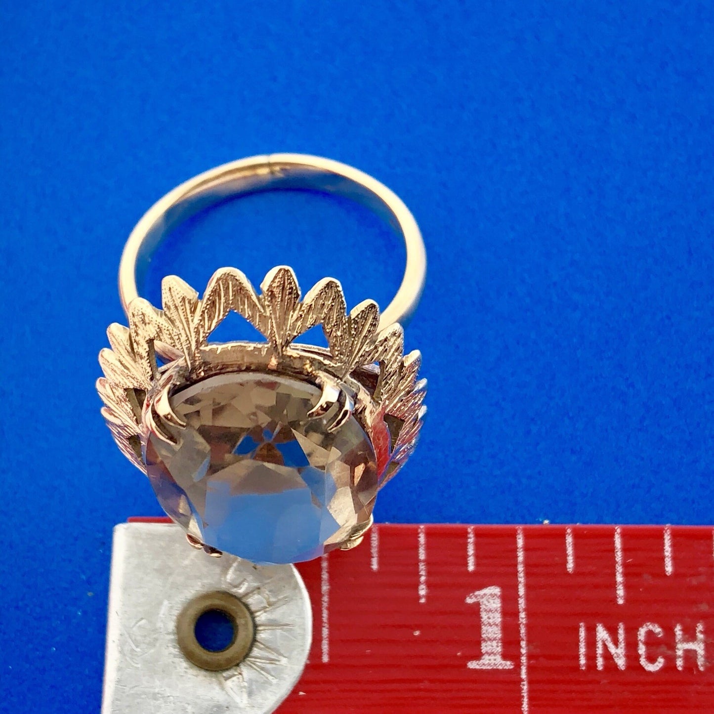 Vintage Retro 14k Yellow Gold Smoky Topaz Statement Cocktail Ring