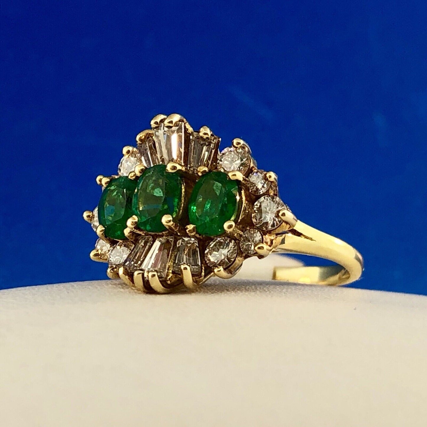 Vintage 14k Yellow Gold Three Oval Emerald Ring w/ Round & Baguette Diamonds