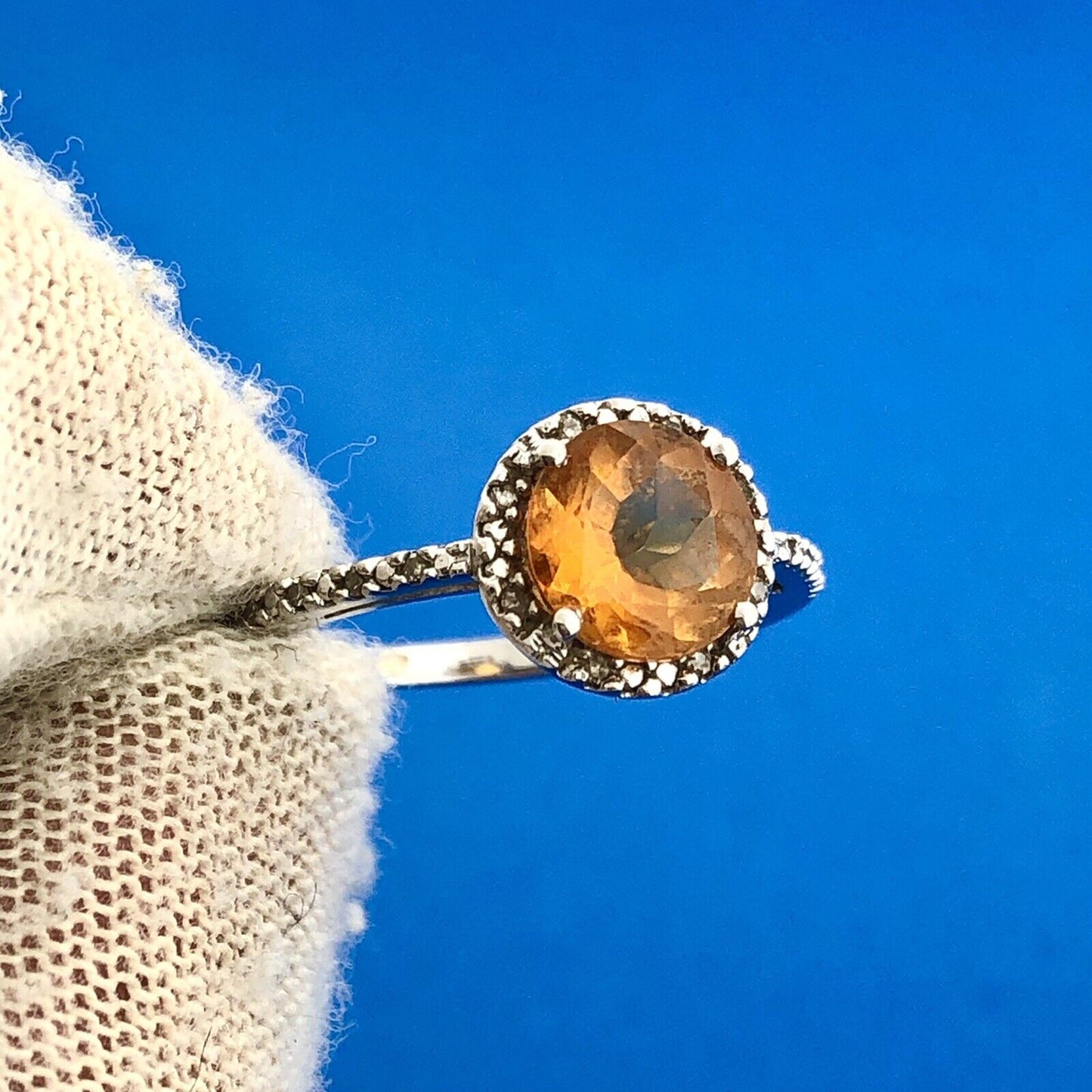 Gorgeous Sterling Silver 925 Round Cut Citrine Diamond Halo Accent Ring Size 6