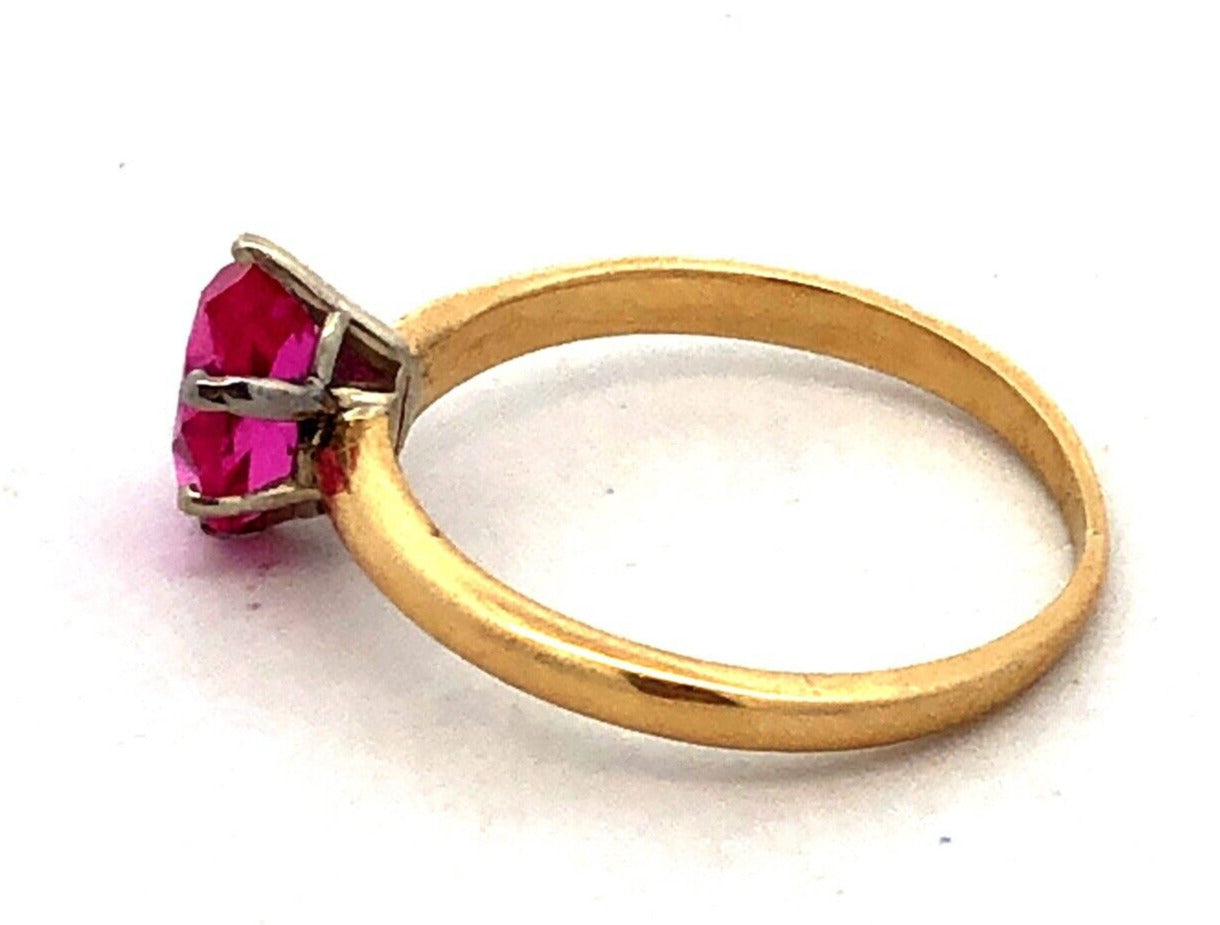 Estate 18K Yellow Gold Oval Pink Ruby Solitaire July Birthstone Anniversary Ring